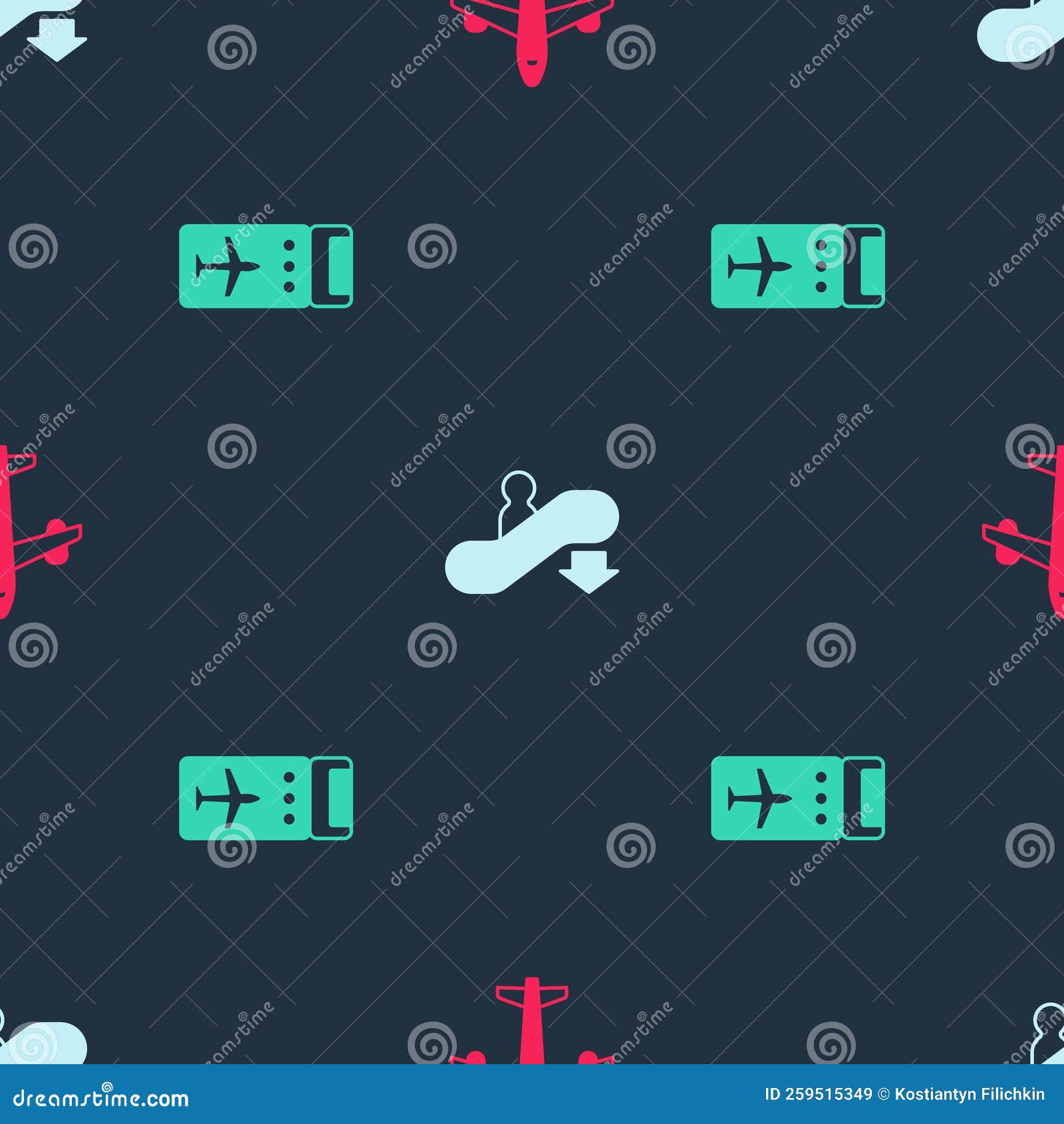 Set Plane, Escalator Down and Airline Ticket on Seamless Pattern