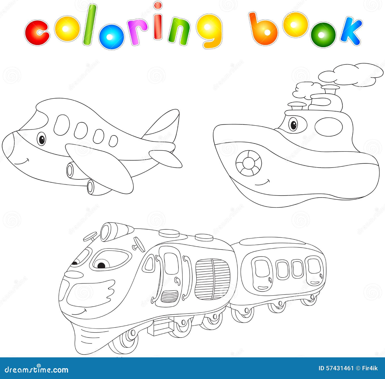 Set of Plane, Ship and Train. Coloring Book for Children about T ...