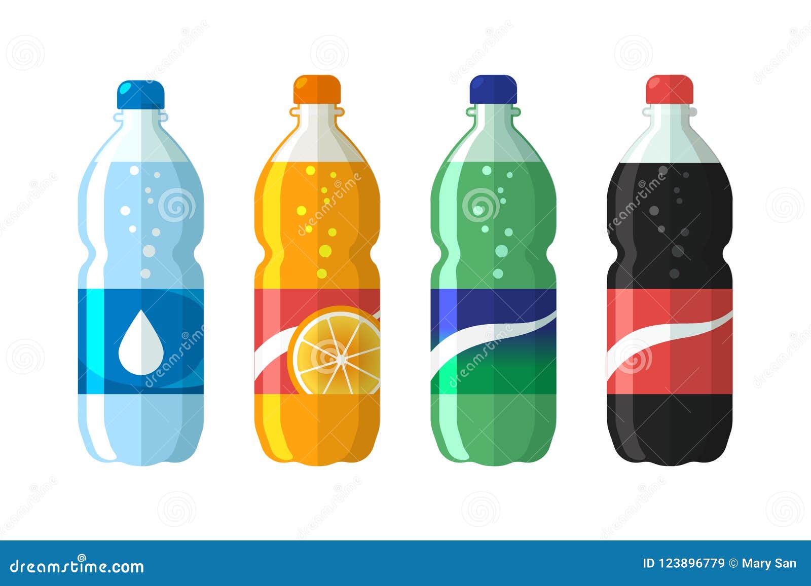 set of plastic bottle of water and sweet soda cola, sprite, fantasy orange soda. flat  soda icons 