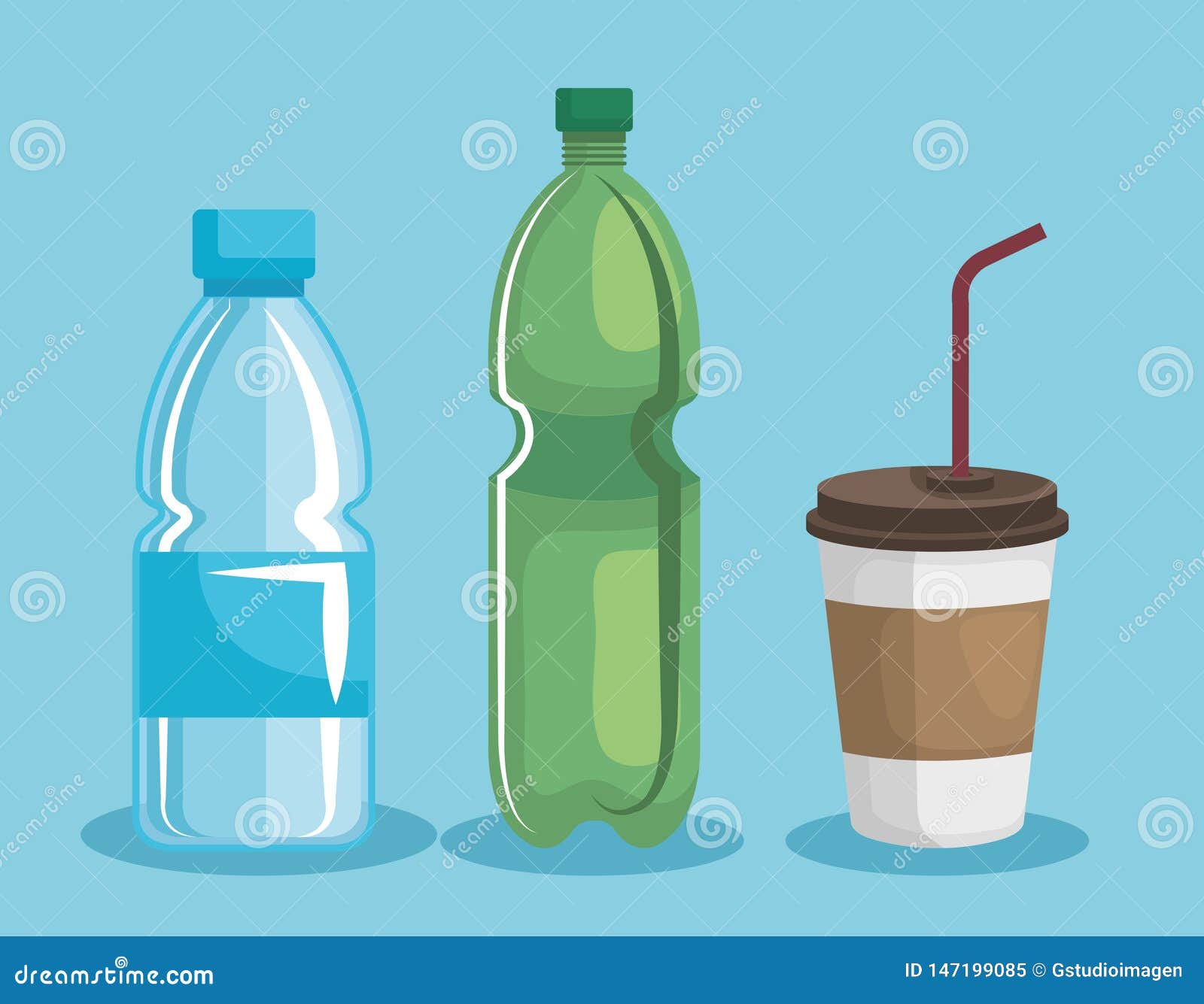 Set of Plastic Cup and Bottles Over Blue Background Stock Illustration