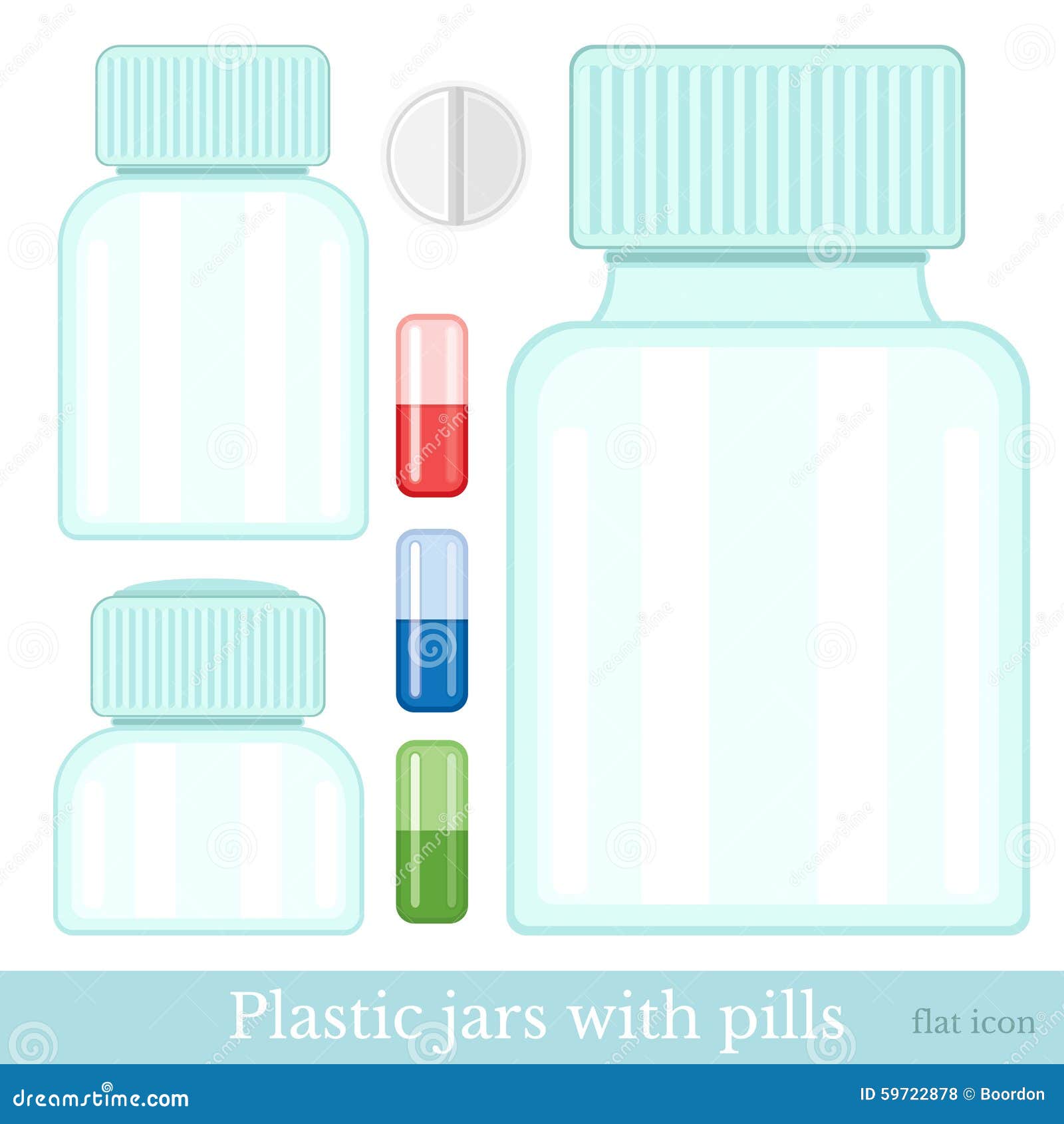 Set of Plastic Jars and Different Pills Isolated on White. Flat