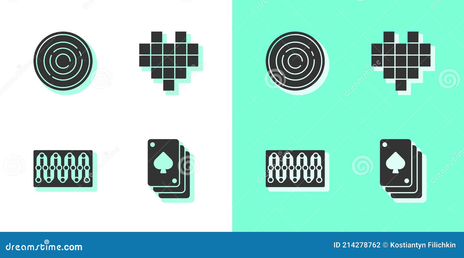 Set Playing Cards, Checker Game Chips, Board and Pixel Hearts for Icon