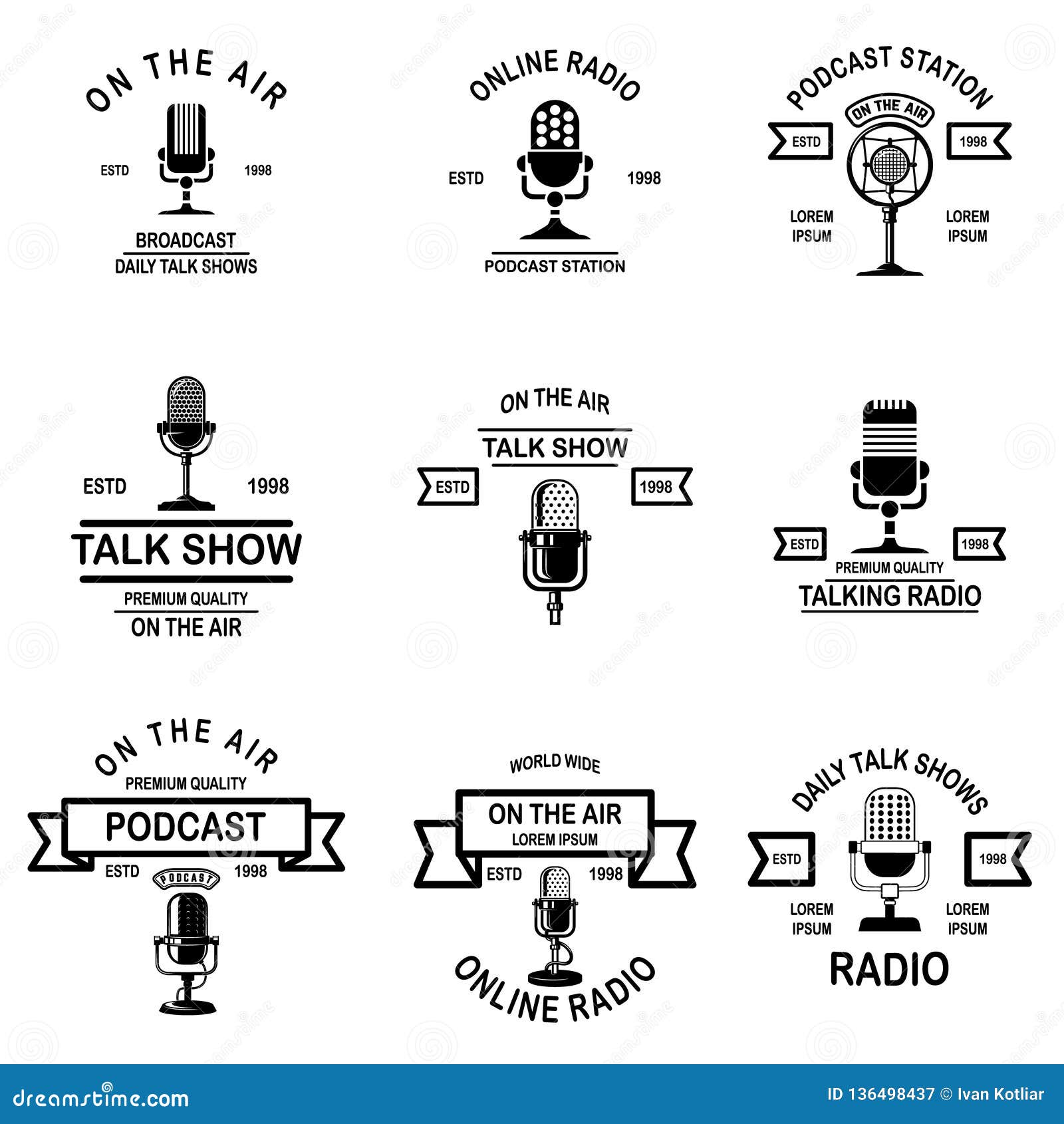 Set of Podcast, Radio Emblems with Microphone. Design Element for Logo ...