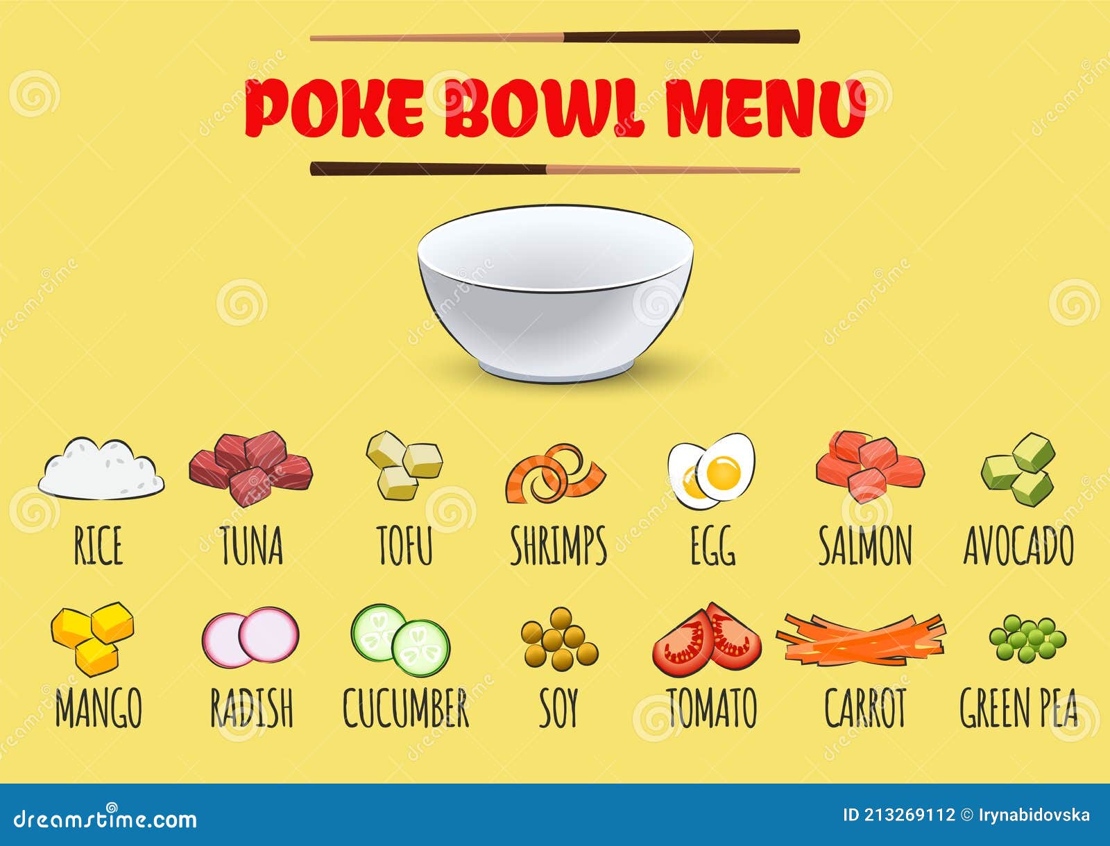Set of Poke Bowl Ingredients. Create Own Recipe of Poke Bowl Stock