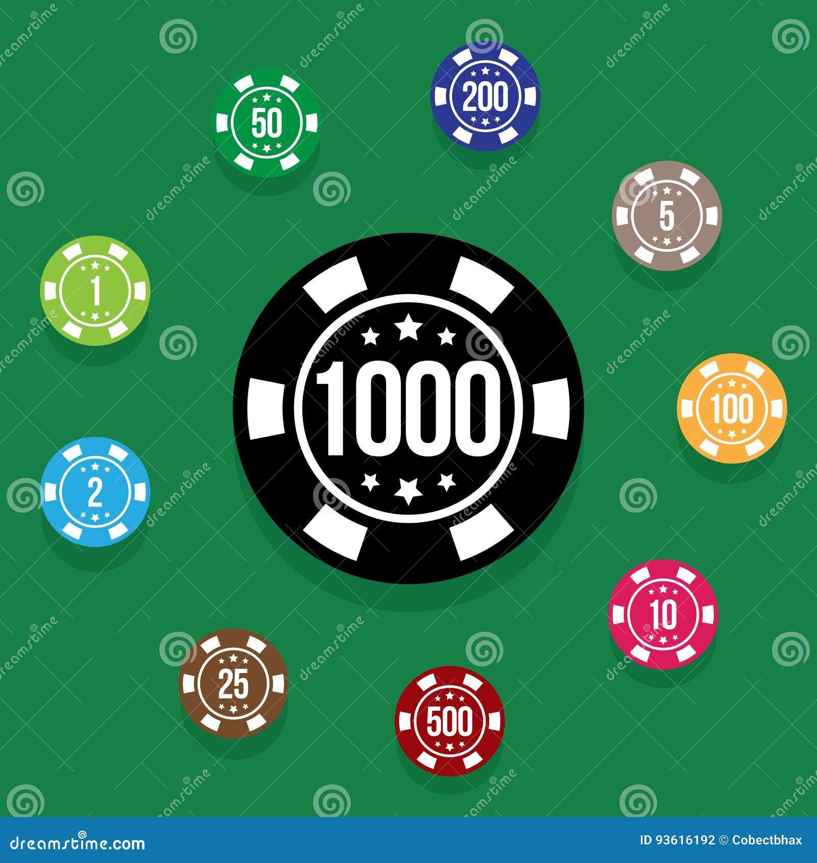 Set Poker Chips on Poker Table Green Color. Vector Illustration Stock