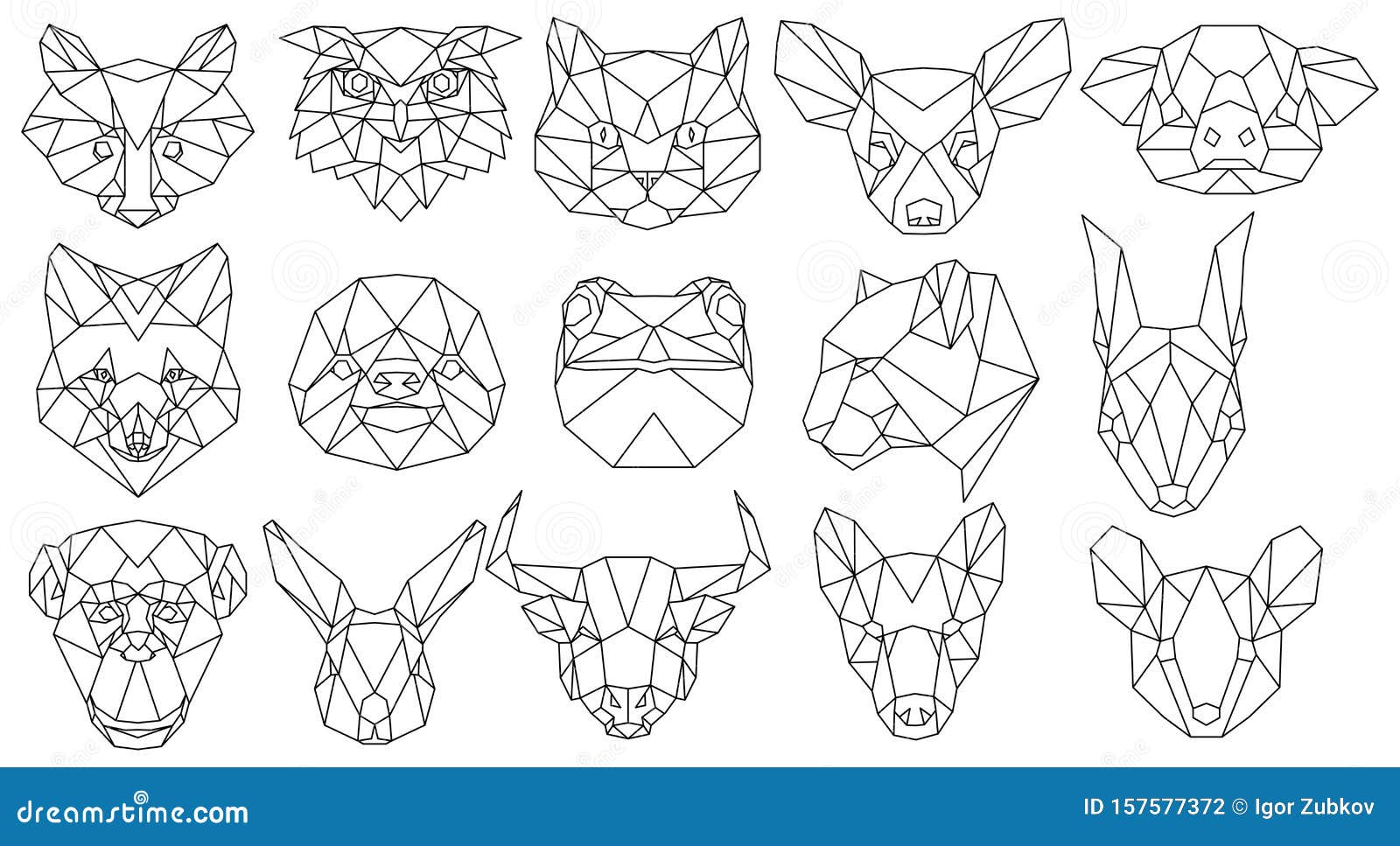Set of Polygonal Animal Portraits. Collection of Geometric Animal Heads. Black  White Illustration. Linear Art. Tattoo. Stock Vector - Illustration of  concept, linear: 157577372