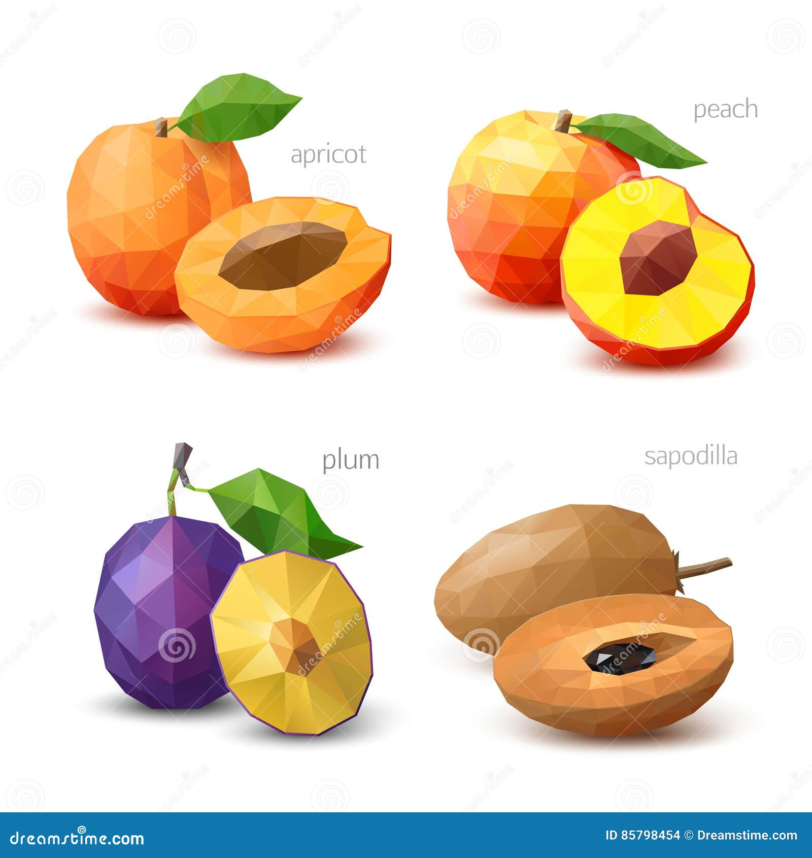 Set of Polygonal Fruit Apricot, Peach, Plum, Sapodilla. Vector Stock