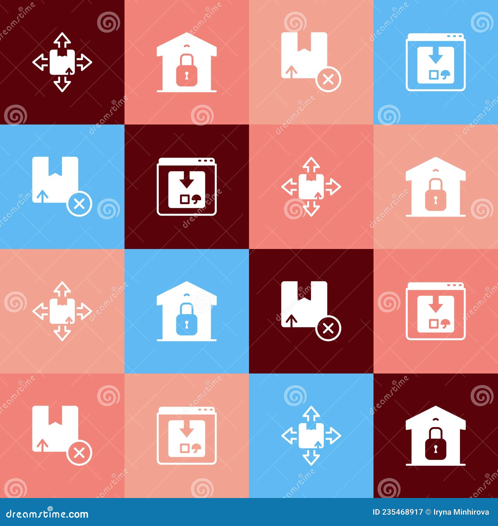 set pop art carton cardboard box, closed warehouse, and online app delivery tracking icon. 