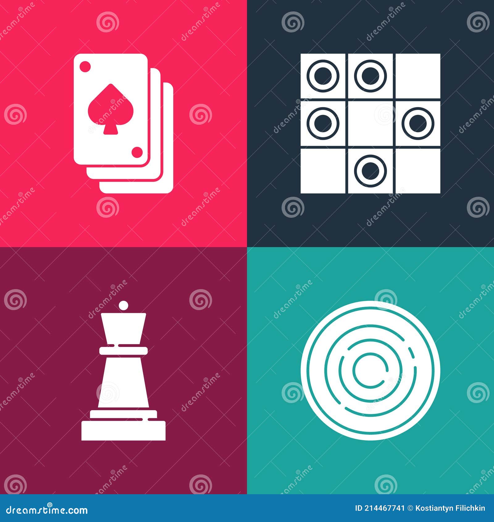 Set Pop Art Checker Game Chips, Chess, Board of Checkers and Playing