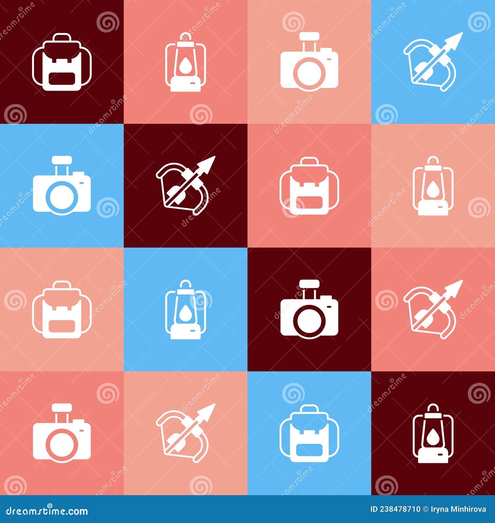 Set Pop Art Hiking Backpack, Camping Lantern, Photo Camera and Medieval