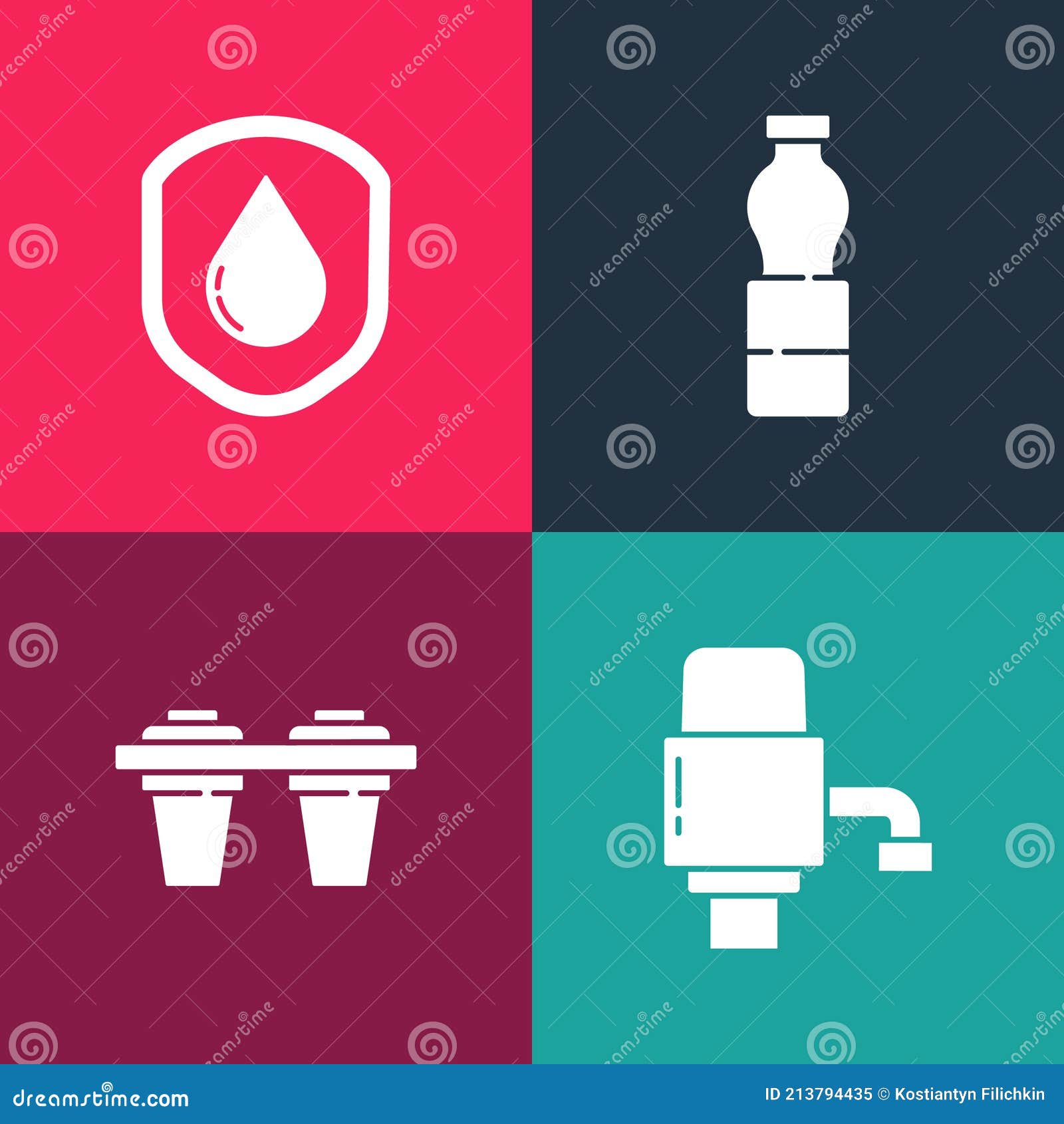 Set Pop Art Mechanical Pump for Water, Water Filter, Bottle of and