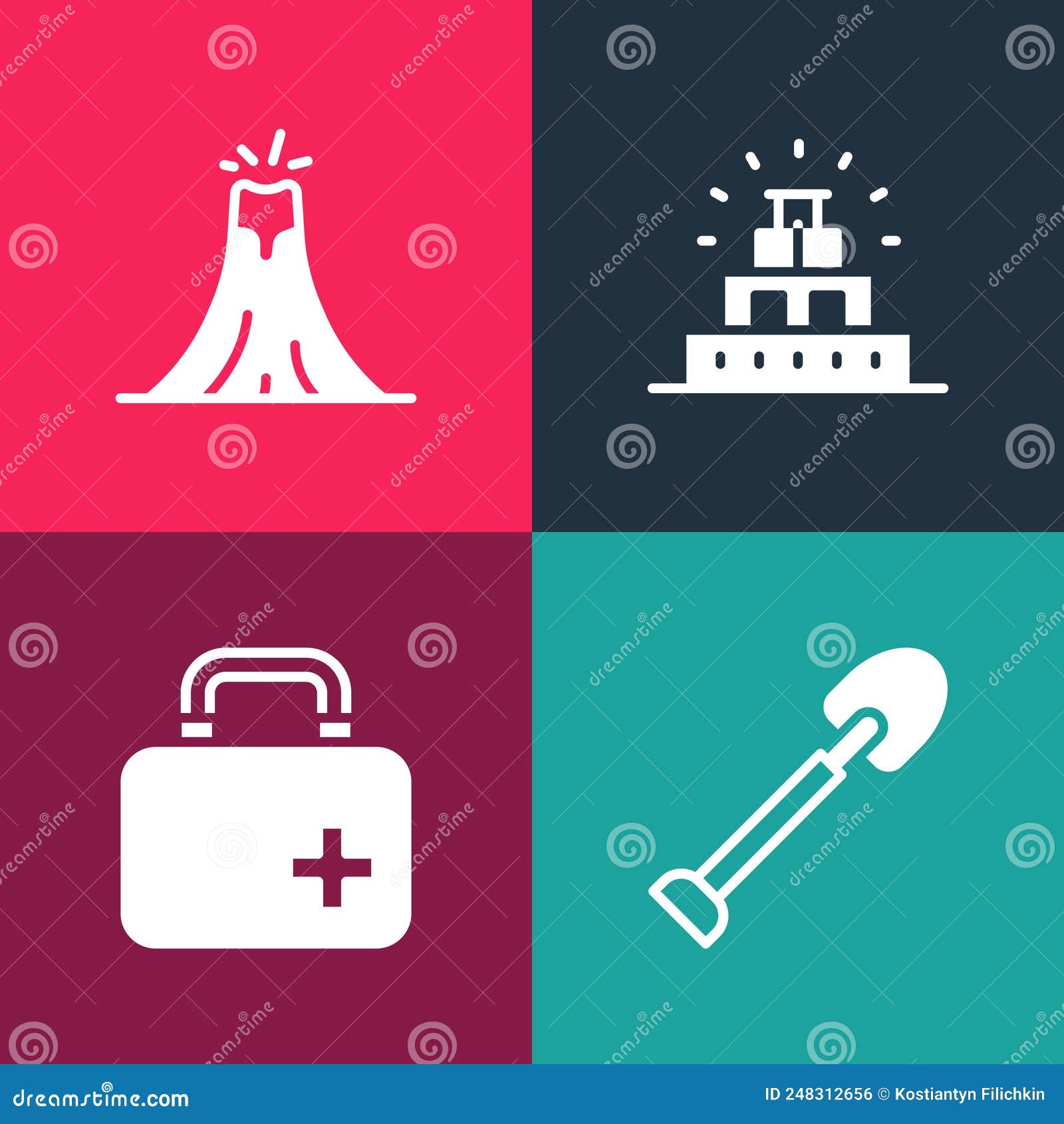 Set Pop Art Shovel, First Aid Kit, Chichen Itza in Mayan and Volcano