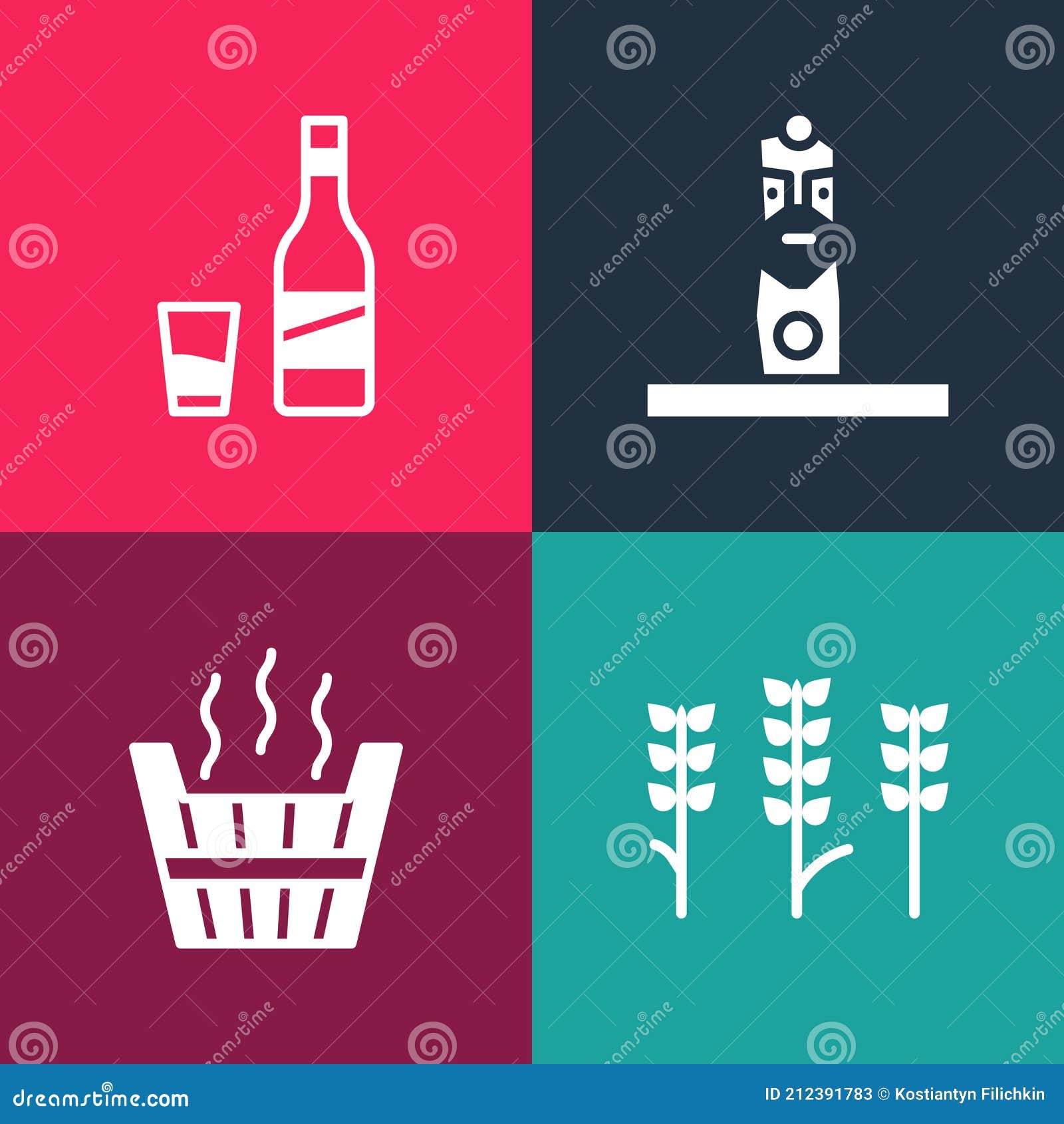 Set Pop Art Wheat, Sauna Bucket, Slavic Pagan Idol and Bottle of Vodka with  Glass Icon. Vector Stock Vector - Illustration of corn, national: 212391783
