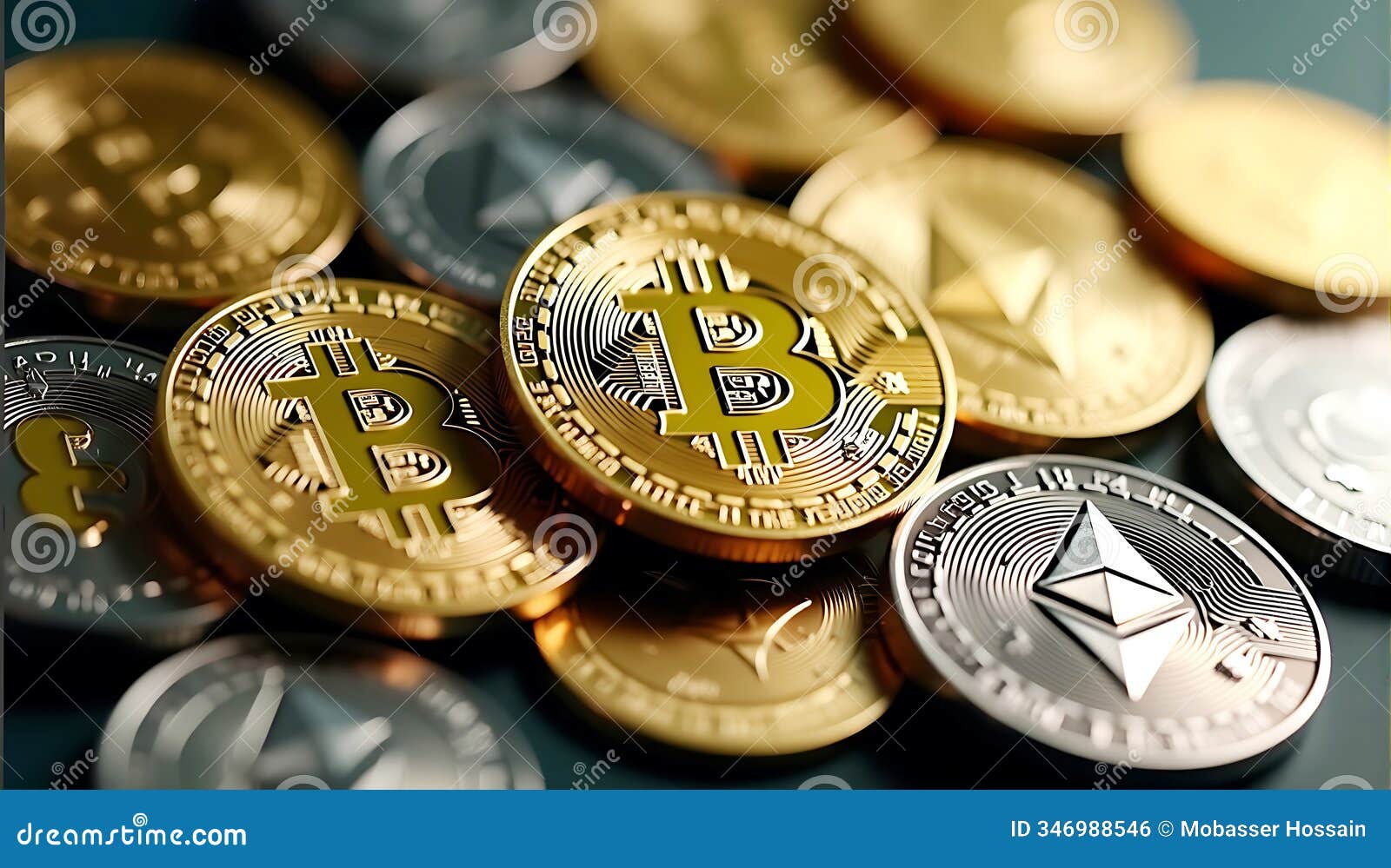 a set of popular cryptocurrency coins like bitcoin, ethereum, and litecoin arranged in a 3d display with a depth-of-field effect,