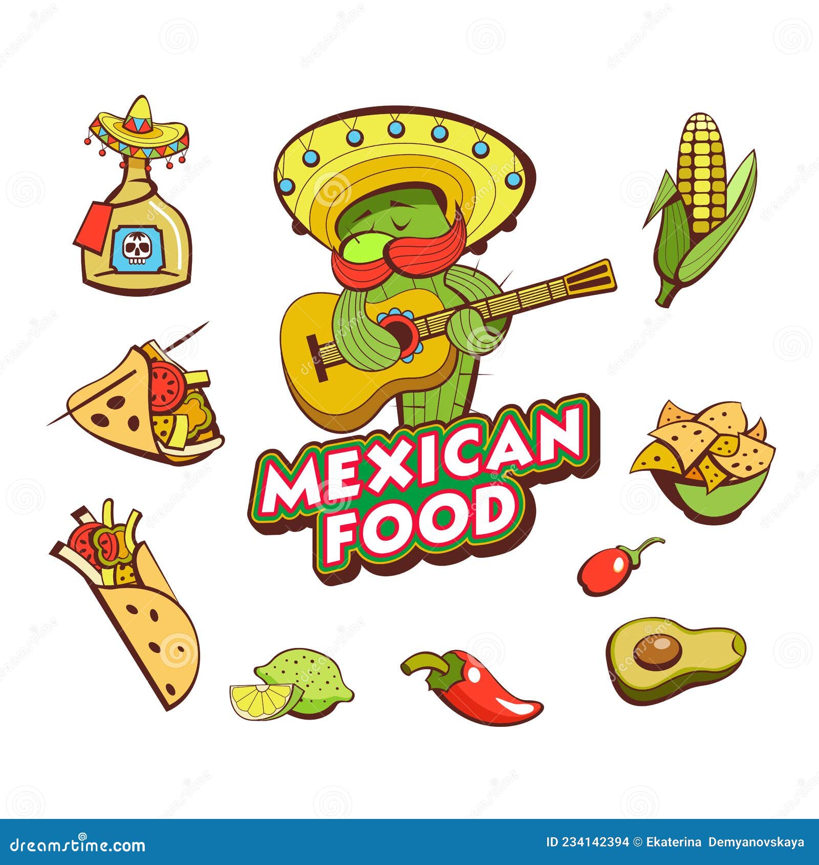 A Set Of Popular Mexican Fast Food Dishes Vector Illustration In a-set-of-popular-mexican-fast-food-dishes-vector-illustration-in