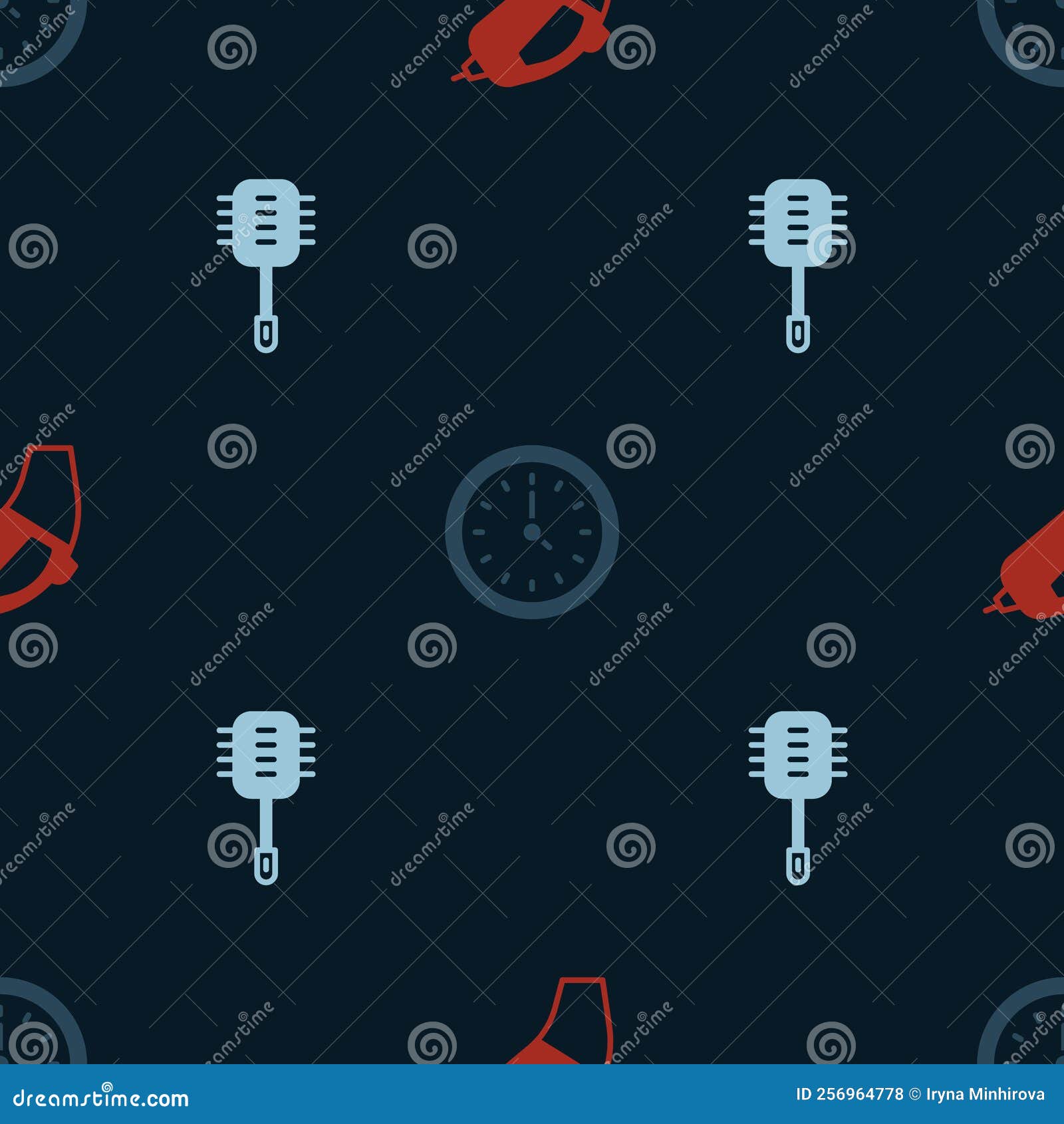 Set Portable Vacuum Cleaner, Clock and Toilet Brush on Seamless Pattern