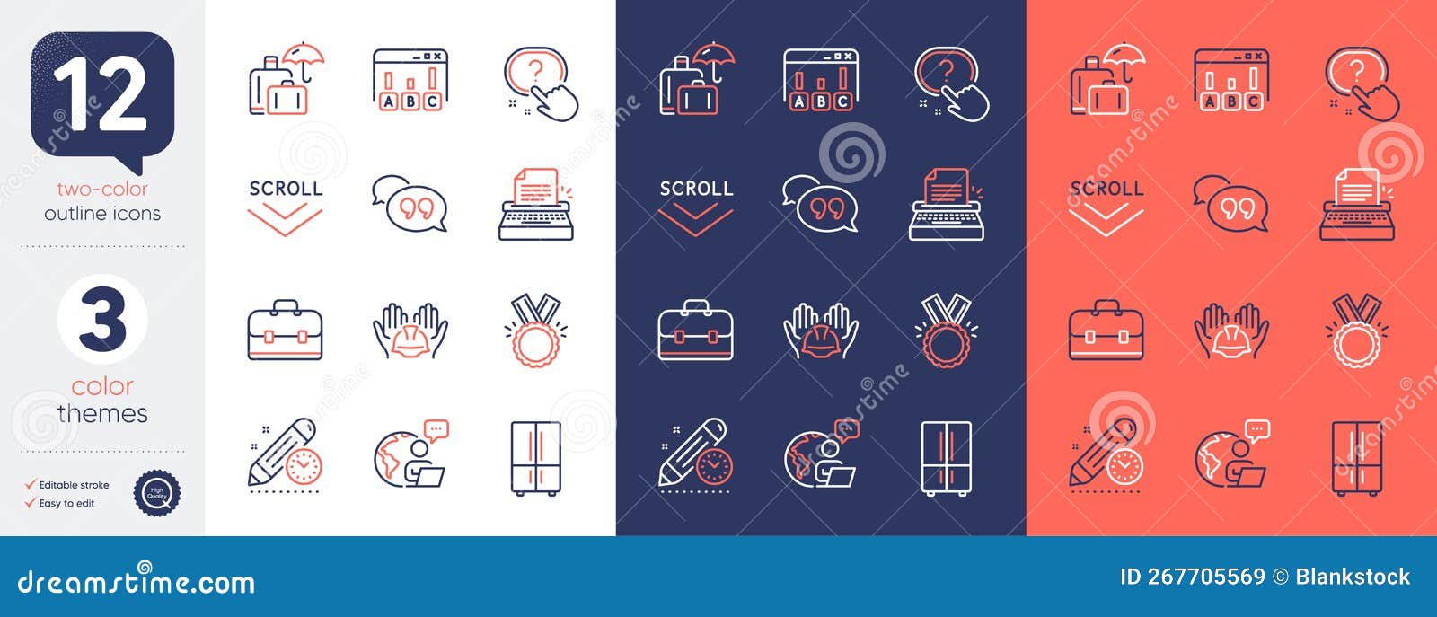 set of portfolio, typewriter and scroll down line icons. for . 