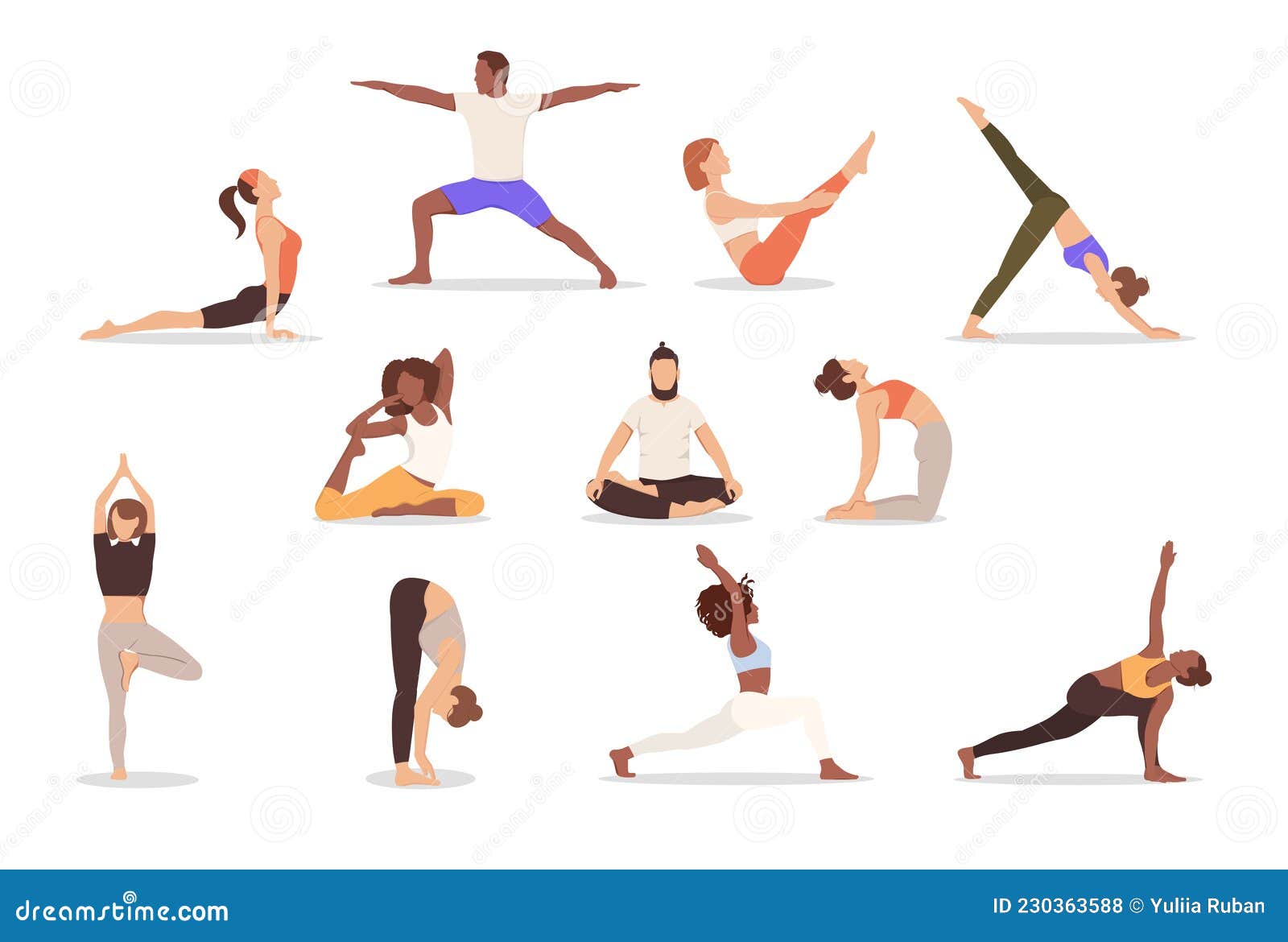 Set of Poses Woman and Man Yoga. Collection of Multicultural People ...