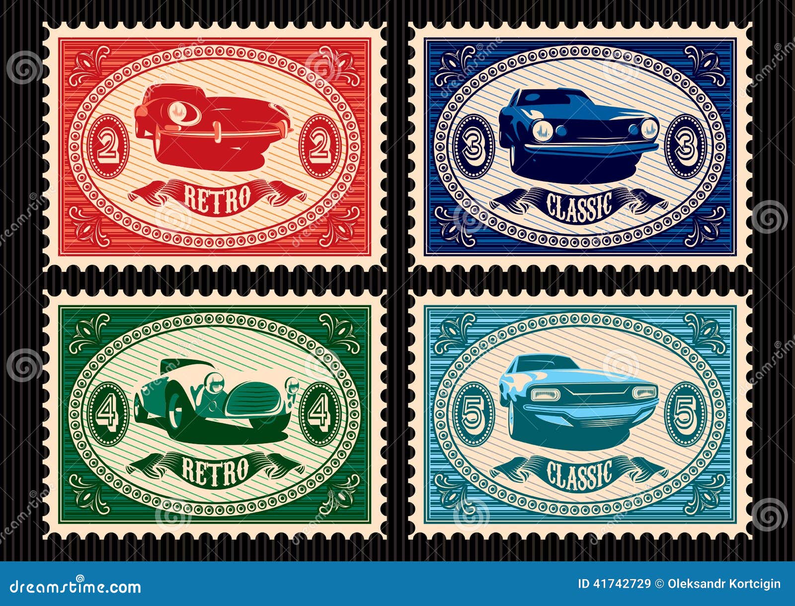 Set of Postage Stamps with Cars Stock Vector Illustration of