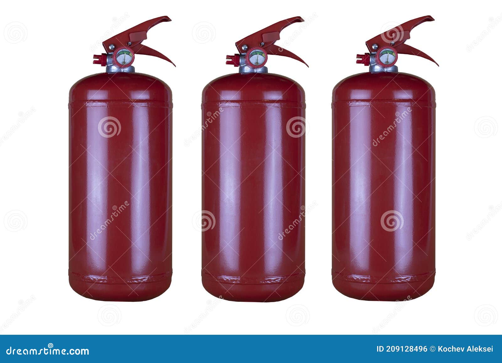 A Set of Powder Fire Extinguishers with a Pressure Gauge on a White
