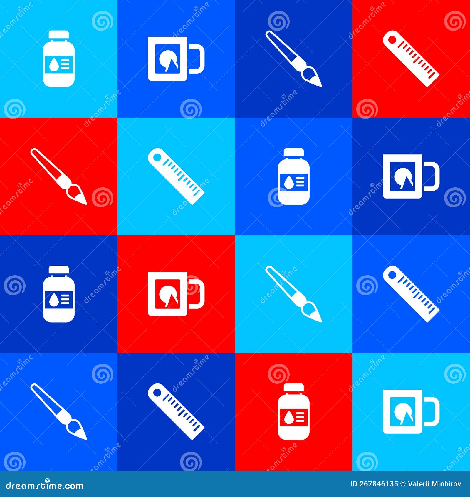 Set Printer Ink Bottle, Coffee Cup, Paint Brush and Ruler Icon. Vector