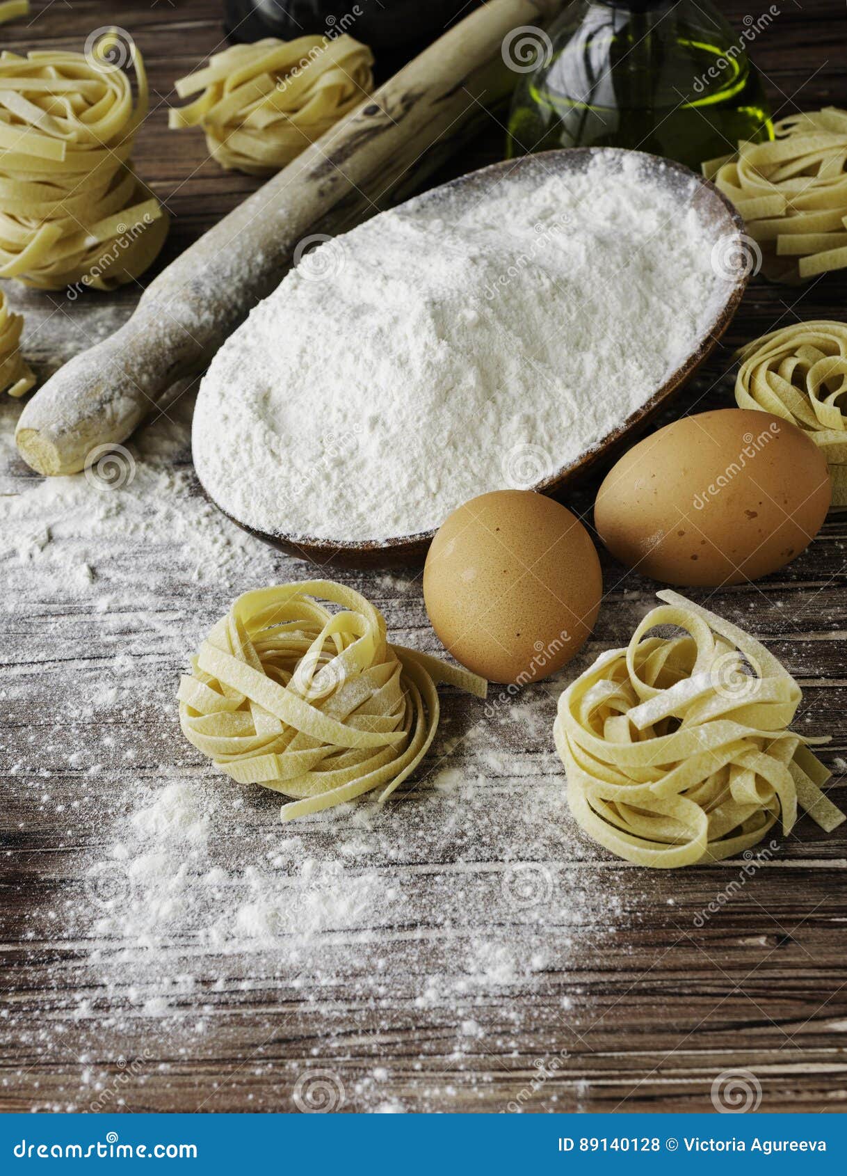 A Set of Products for Cooking Pasta with Wheat Flour, a Selective Focus