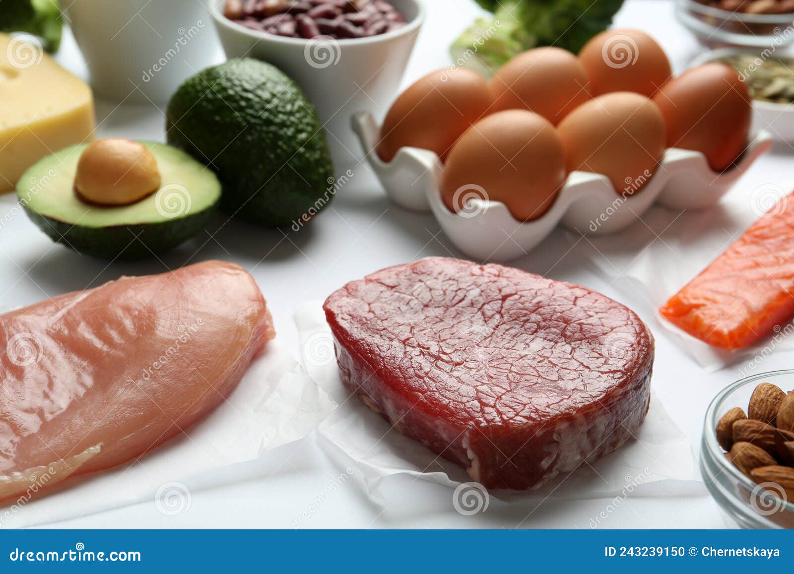 Set of Products Rich in Amino Acids on White Background Stock Photo