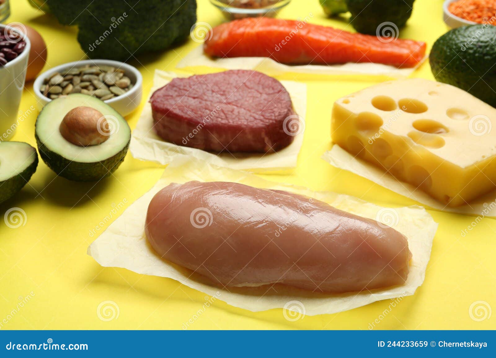 Set of Products Rich in Amino Acids on Yellow Background Stock Image