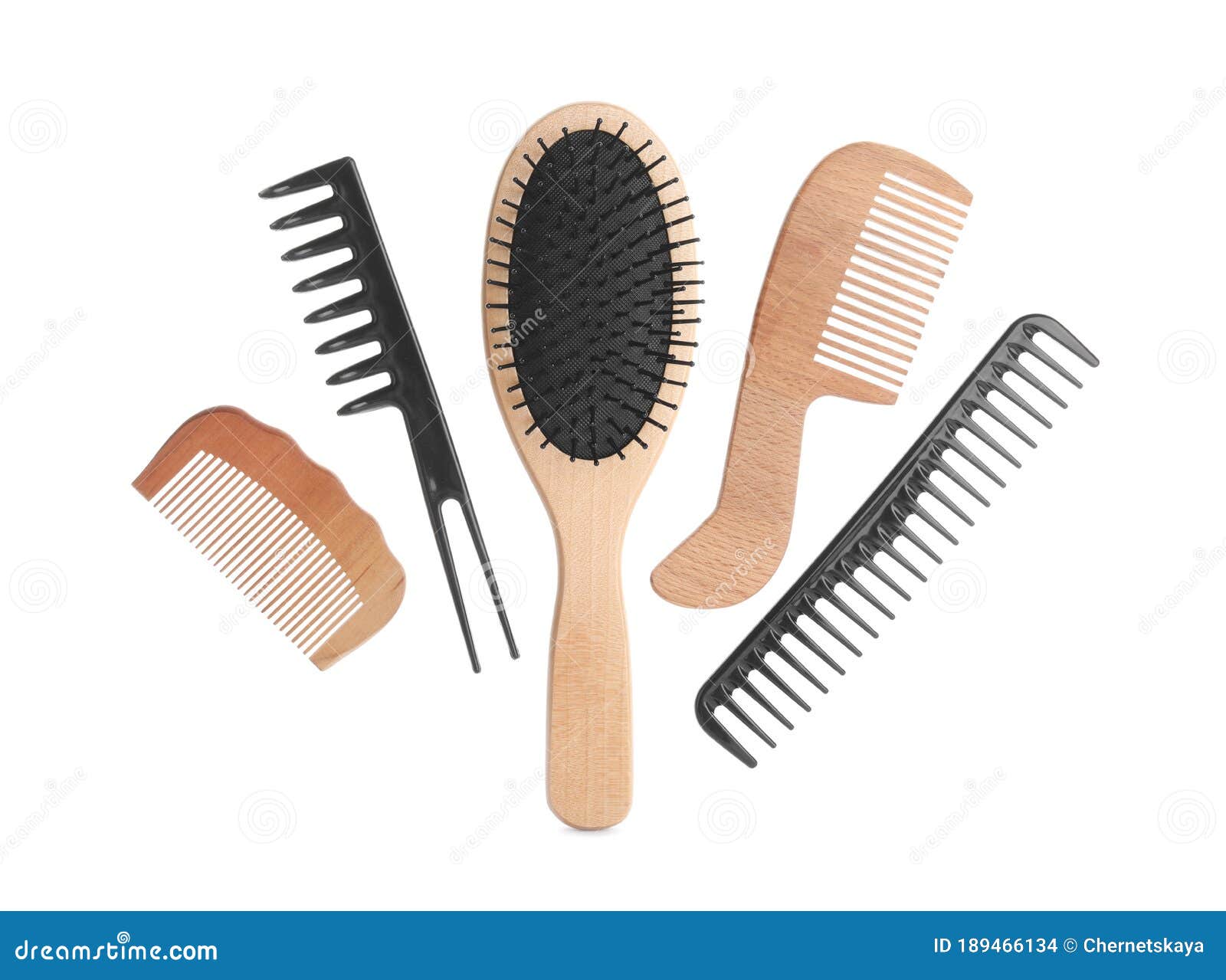 Set of Professional Hair Combs and Brush Isolated, Top View Stock Photo