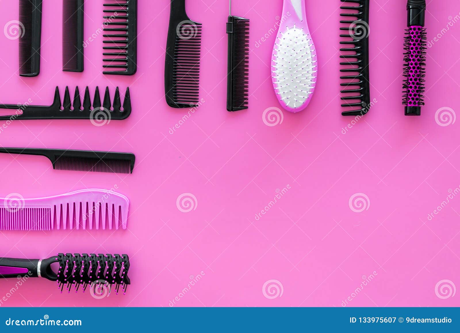 Download Set Of Professional Hairdresser Tools With Combs Pink Background Top View Mockup Stock Image ...