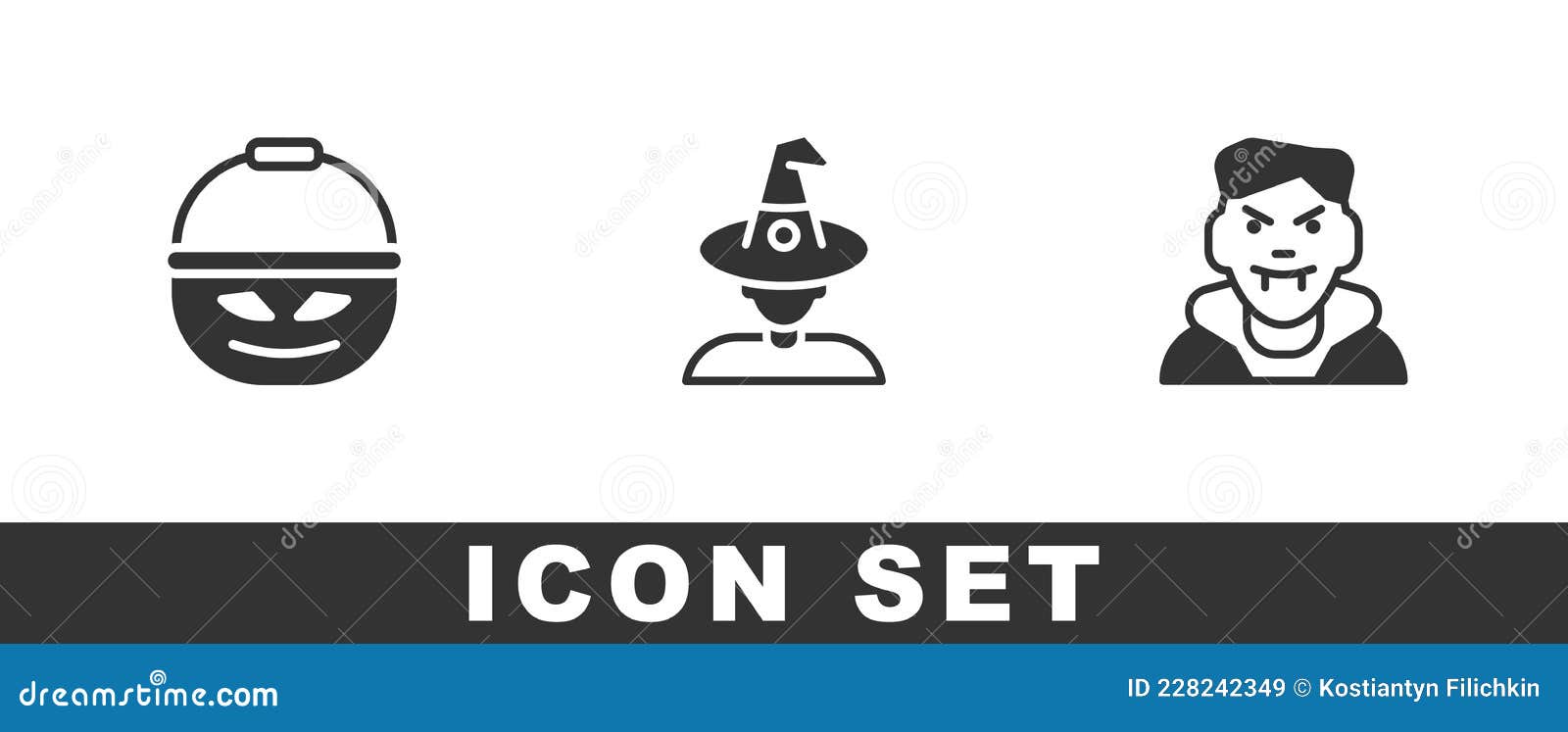 set pumpkin basket for sweets, witch and vampire icon. 