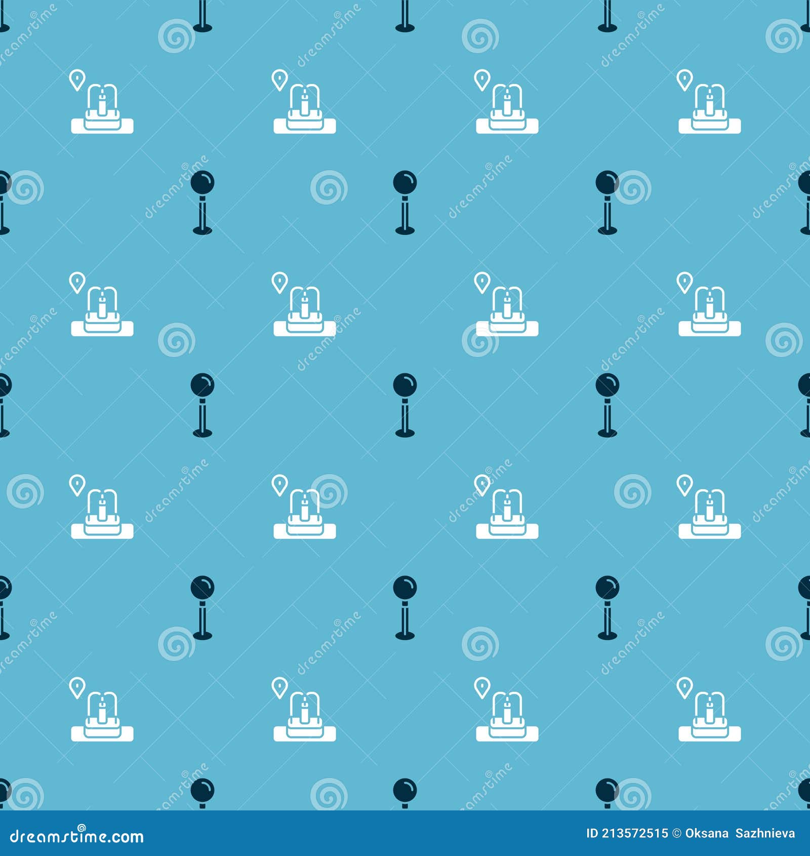 Set Push Pin and Location with Fountain on Seamless Pattern. Vector