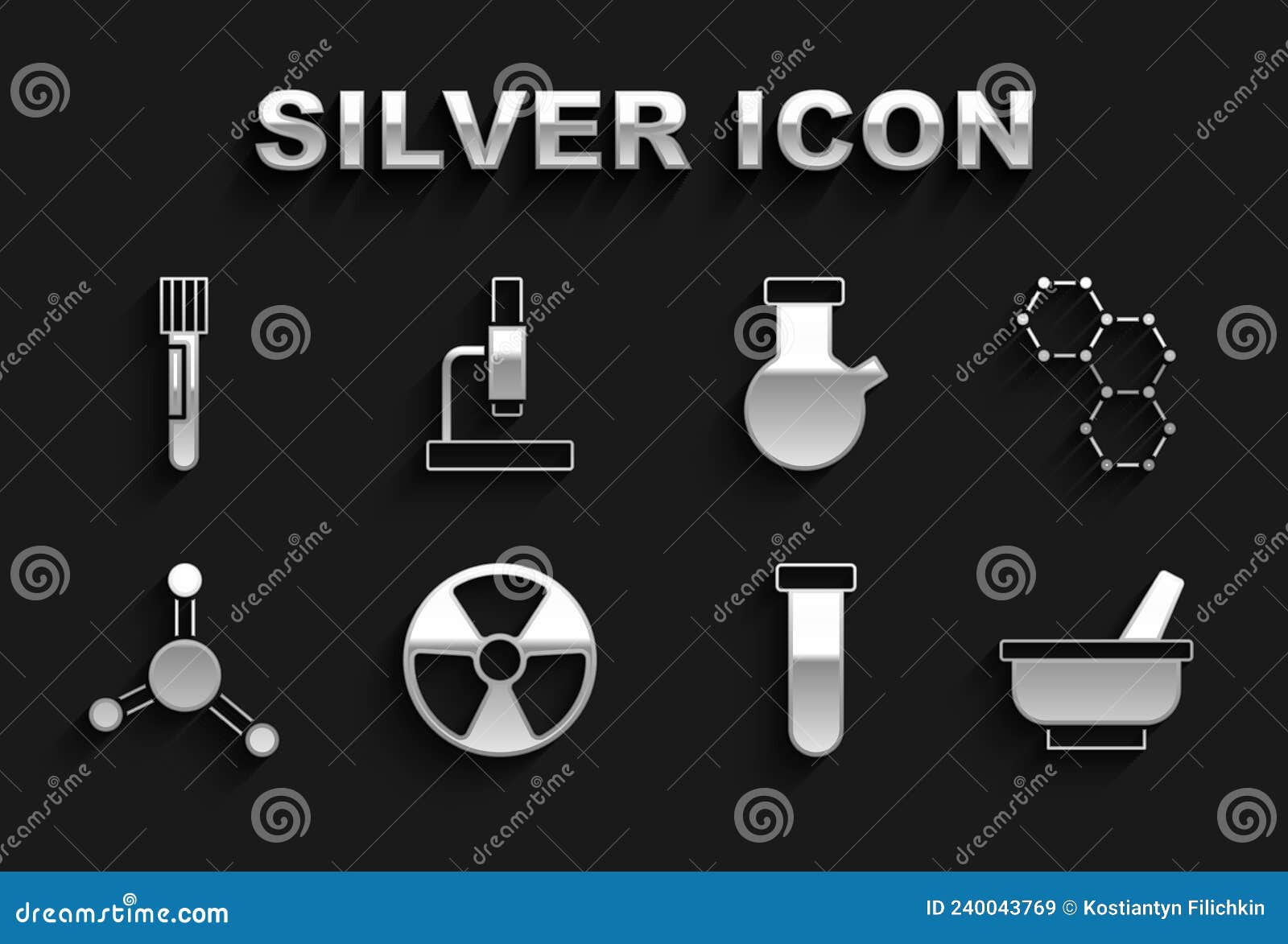 Set Radioactive, Chemical Formula, Mortar and Pestle, Test Tube Flask