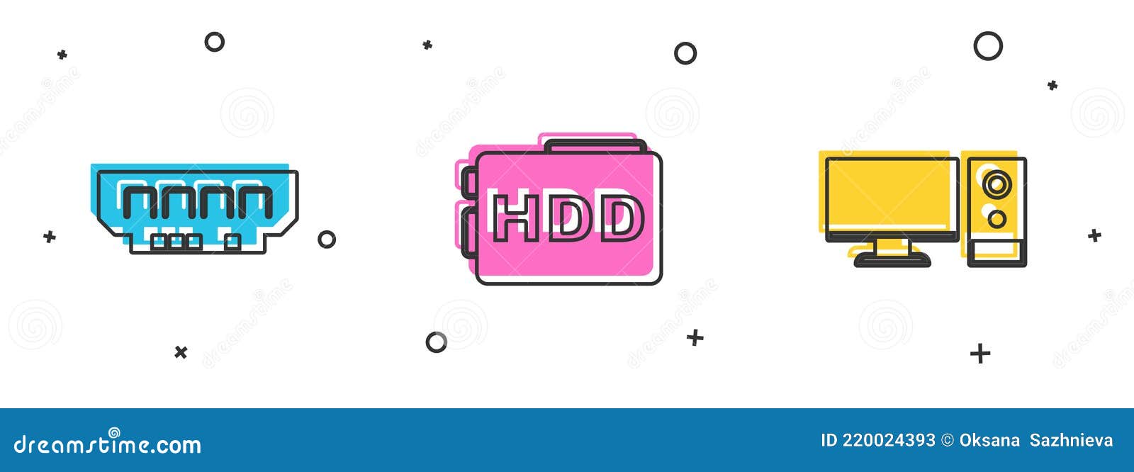 Set RAM, Random Access Memory, Hard Disk Drive HDD and Computer Monitor ...