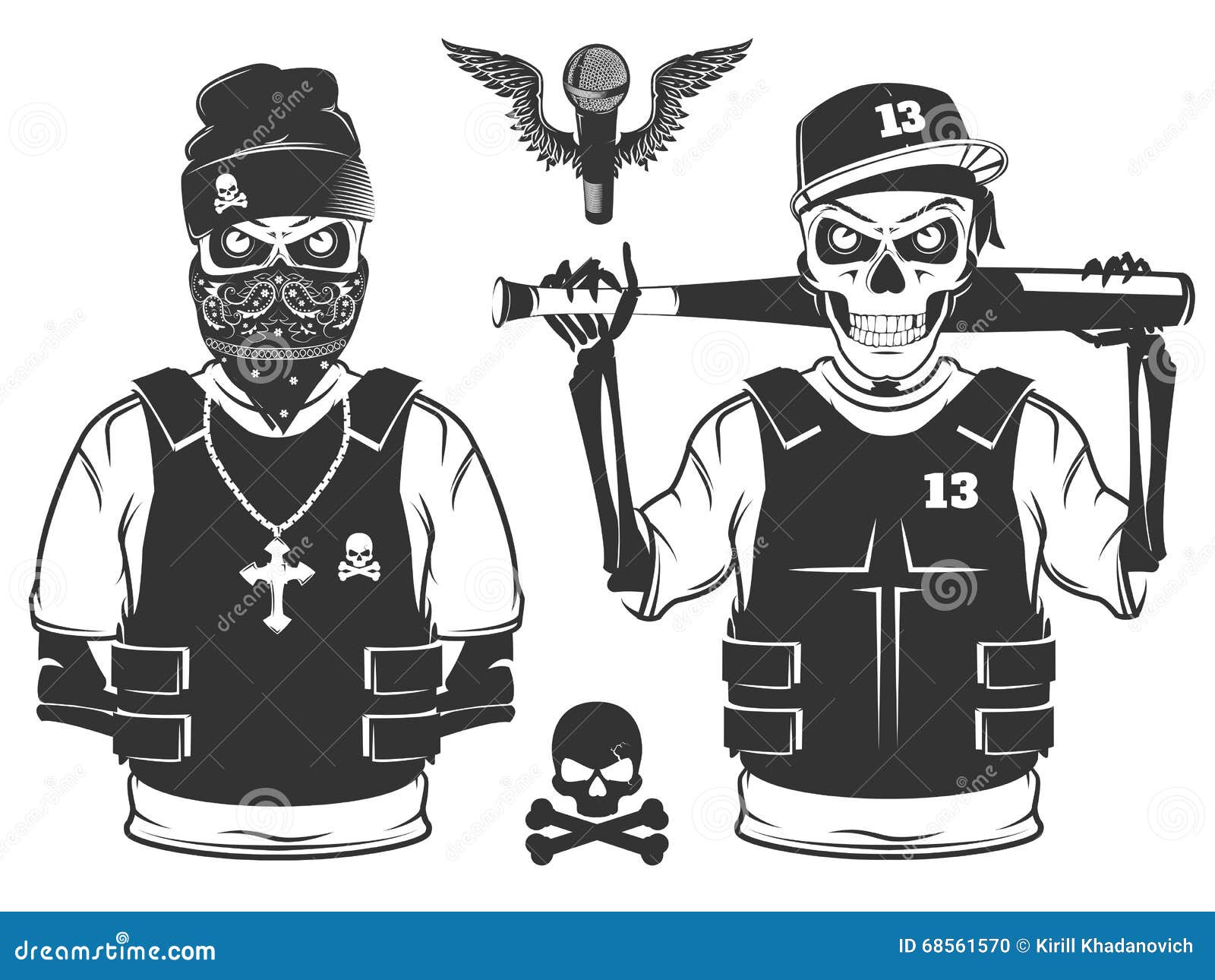 Set of Rap Skull and Hip Hop Skeleton Black and White Style Stock