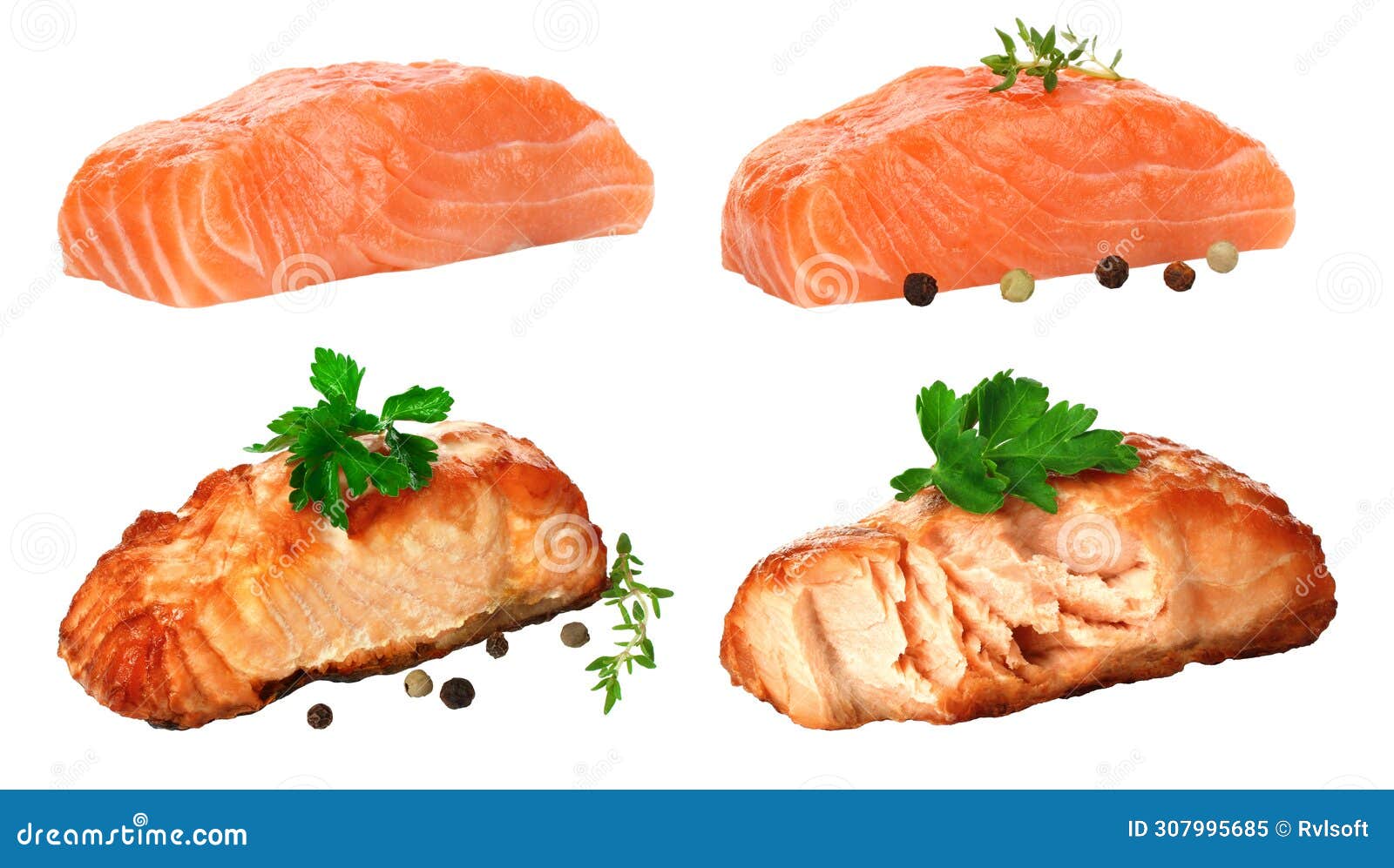 set of raw and fried salmon fish steaks with green scum,  on white background