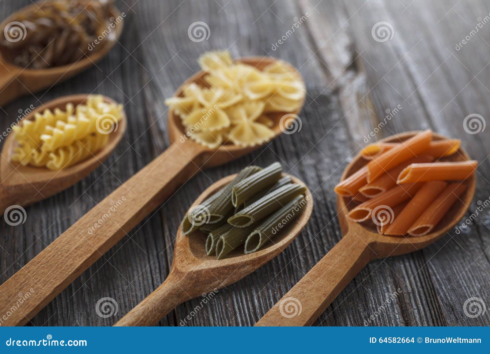 A Set of Raw Pastas on Spoons on a Wooden Table Stock Photo Image of