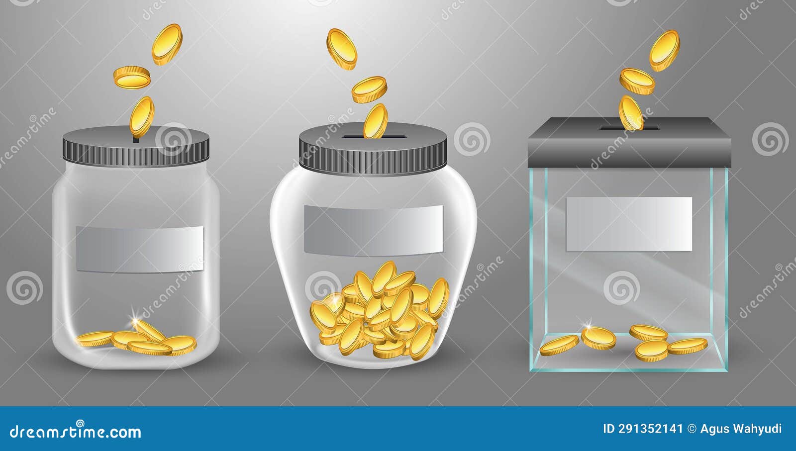 set of realisitic transparent money jar for tips or money box glass transparent for donations. 3d render..