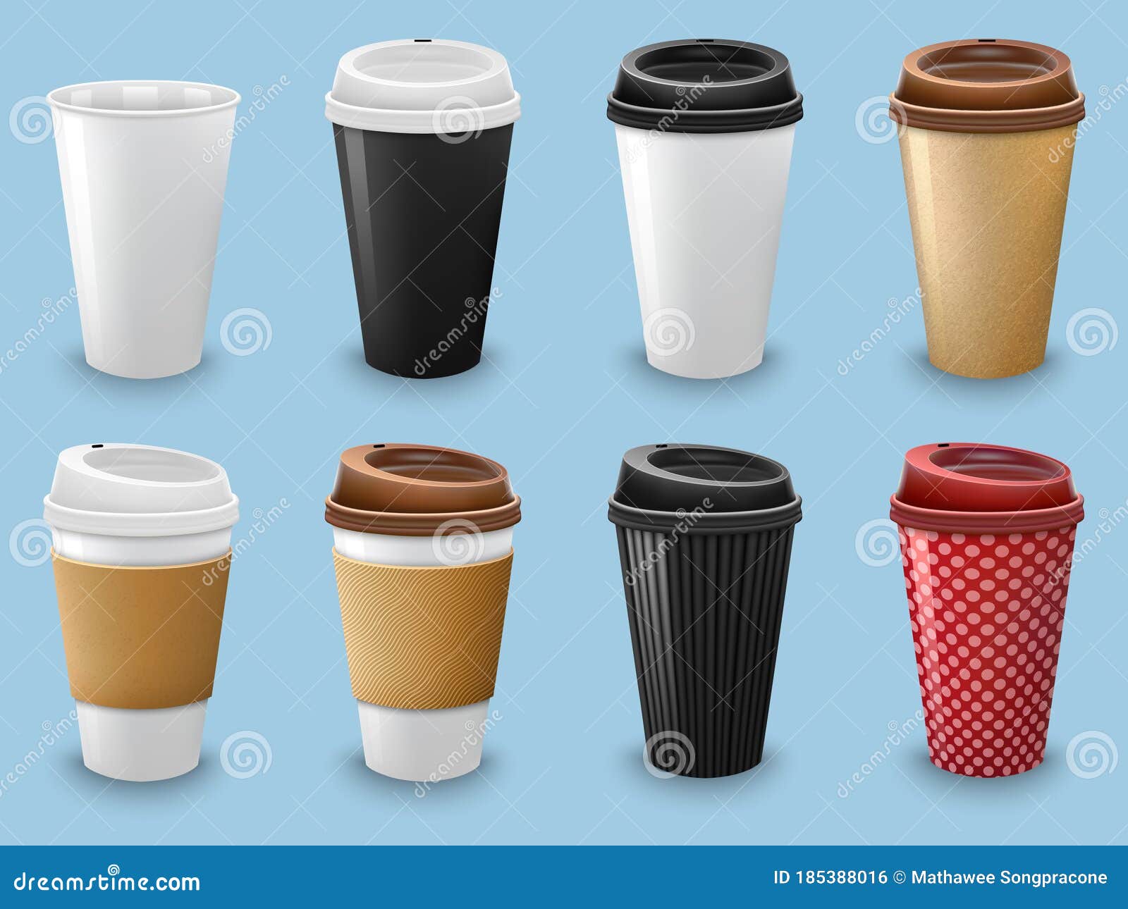 Set of Realistic Coffee Drinking Cups with Lid and Holder Template Stock Vector Illustration