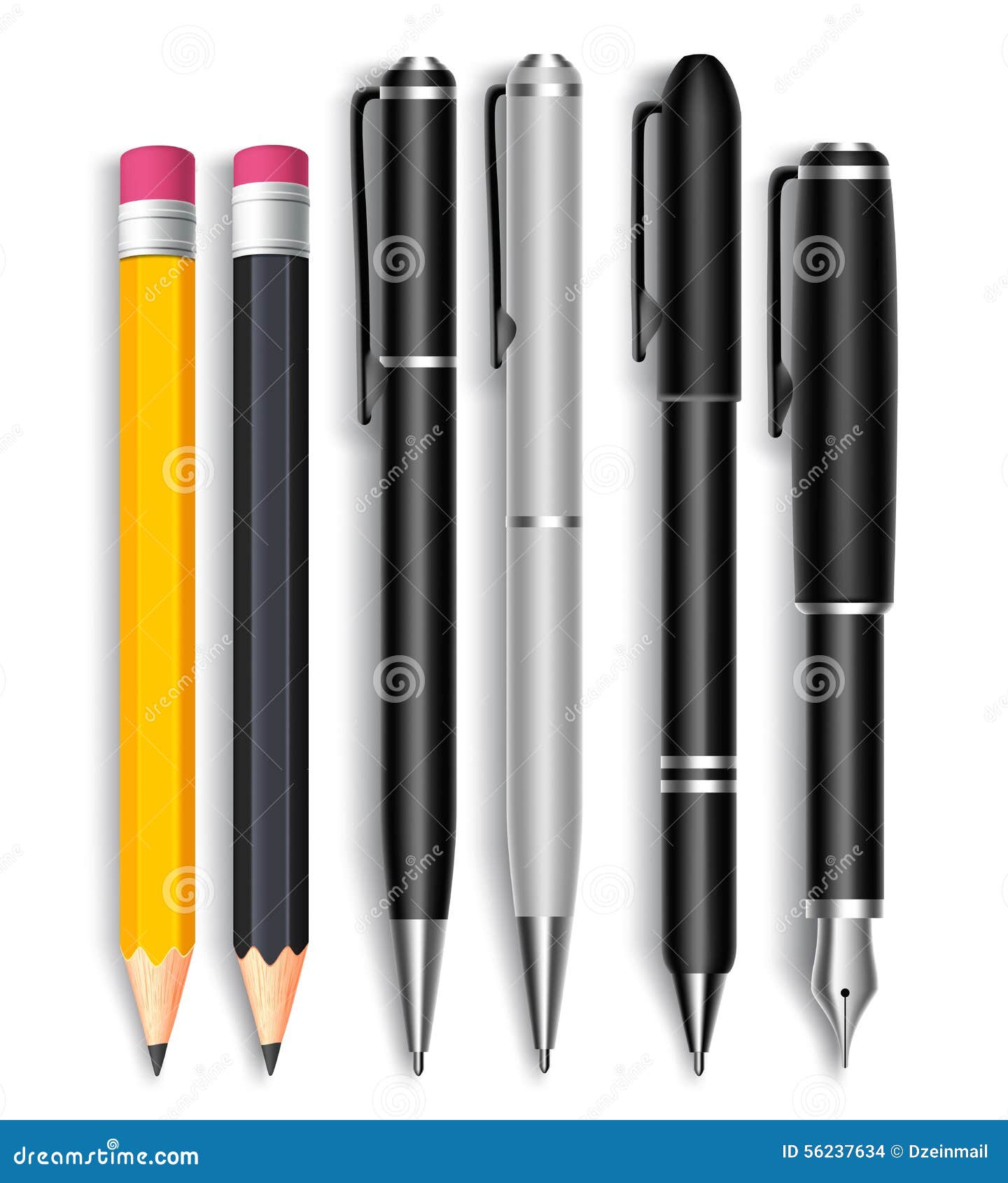 set of realistic 3d pencils and elegant black and silver ball pens