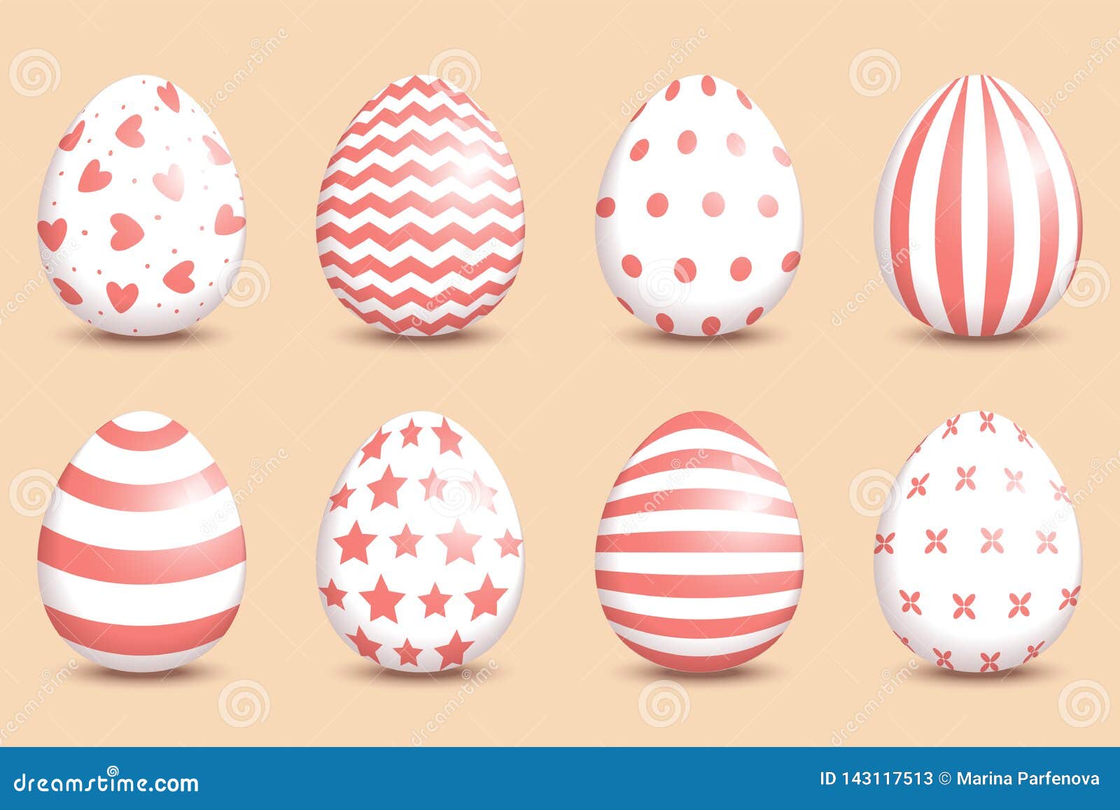 Set Of Realistic Easter Decorated Eggs On Coral Background Stock