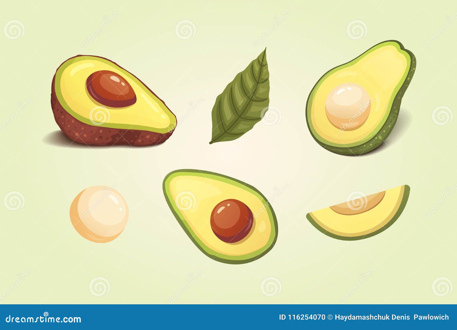 Set Realistic Fresh Avocado Fruit Slice And Whole Avocados Vegan