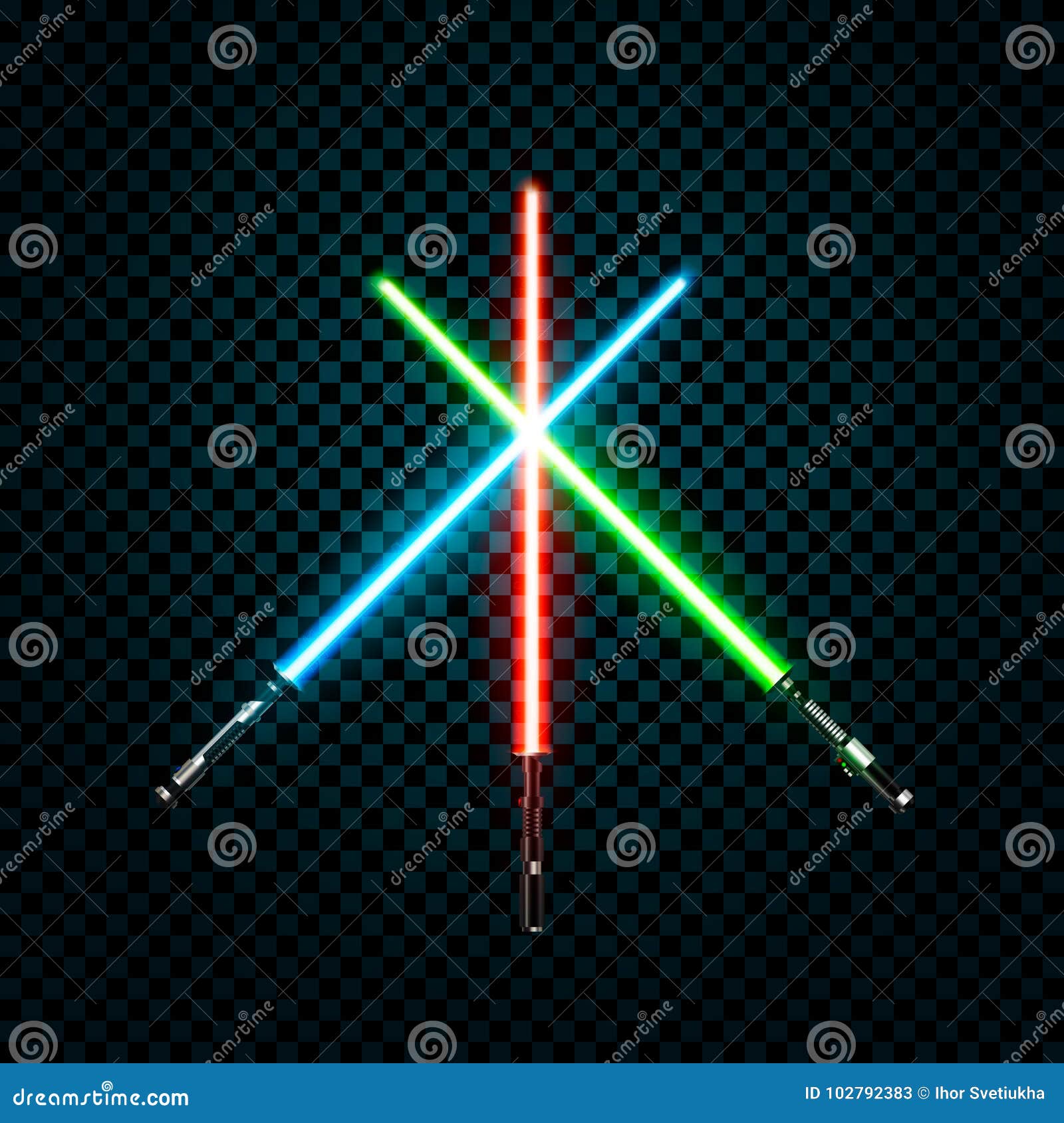 set of realistic light swords. crossed sabers.   on transparent background