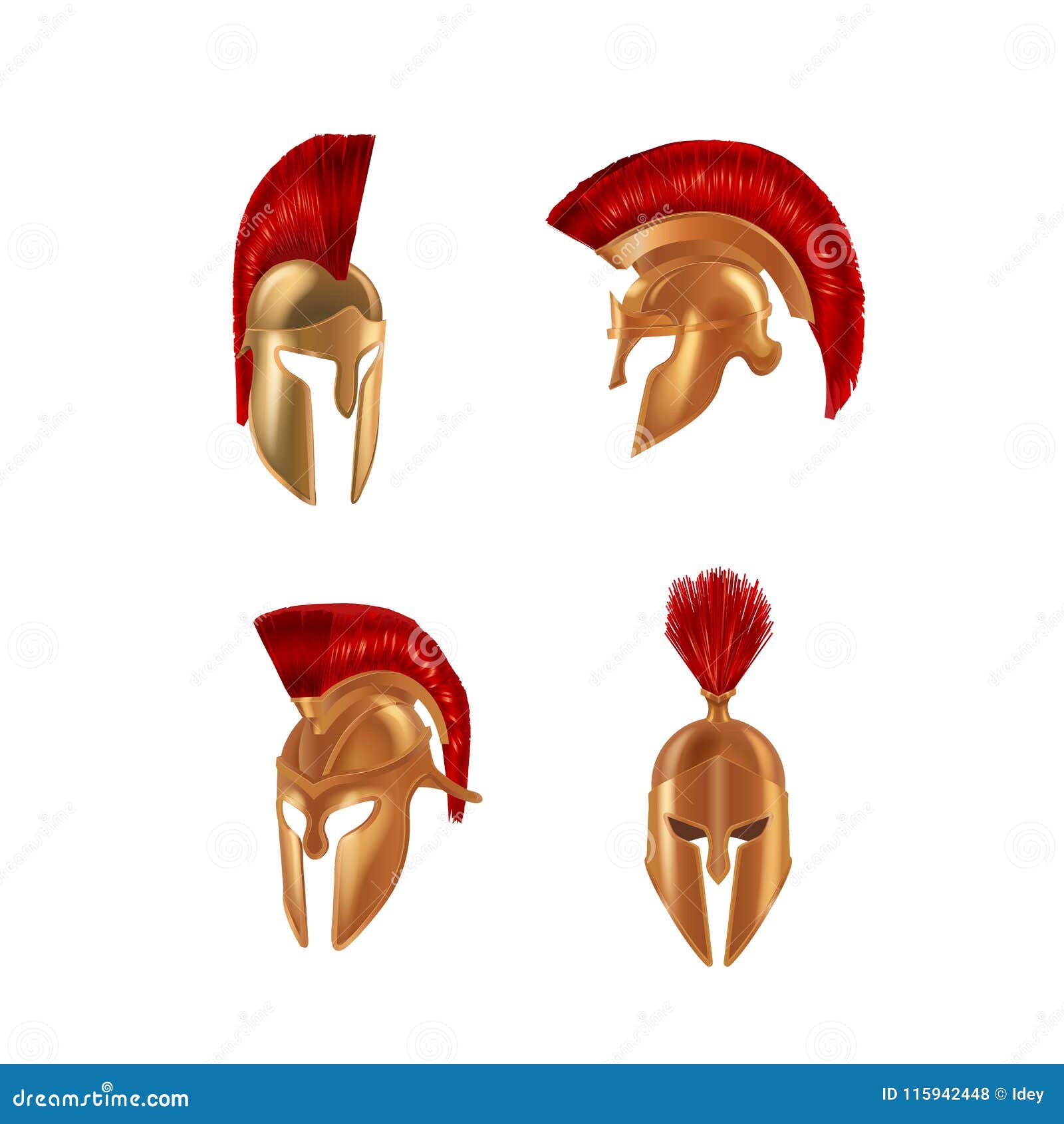 set realistic spartan ancient greek, roman helmet. bronze protective headgear.