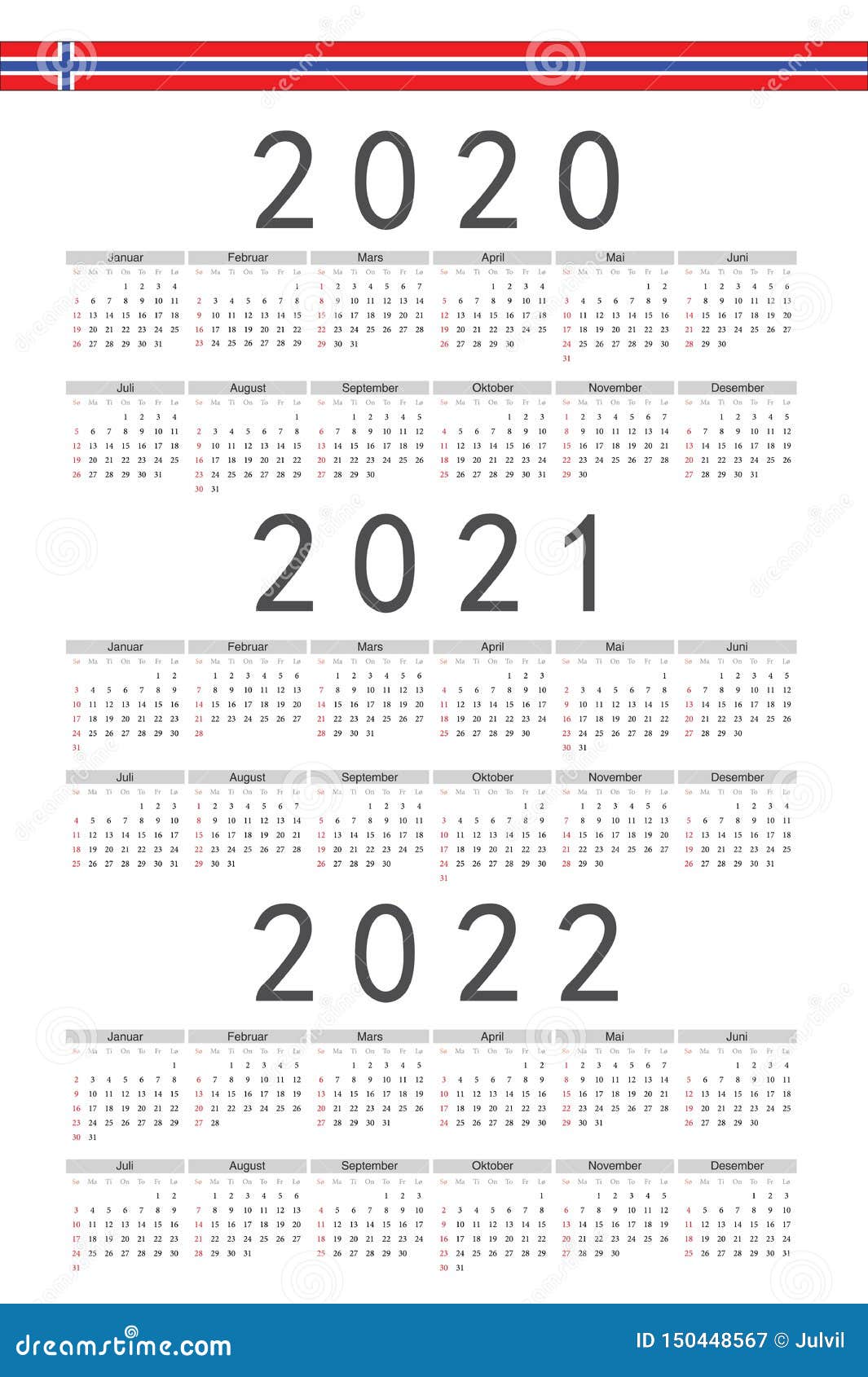 Set Of Rectangle Norwegian 2020, 2021, 2022 Year Vector Calendars Stock