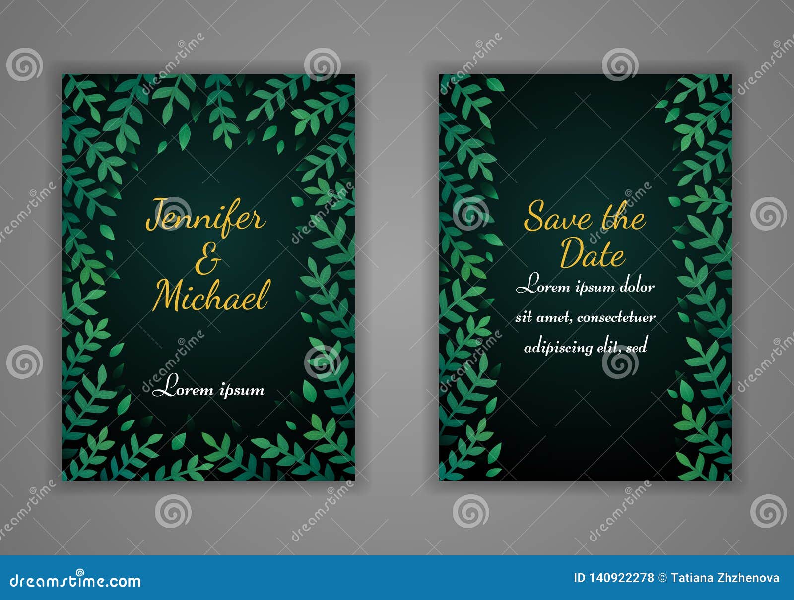 Set of Rectangular Wedding Invitation Cards. Green Leaves Border ...