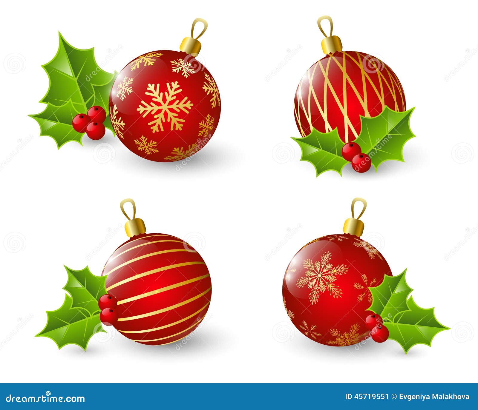 set of red christmas balls with holly