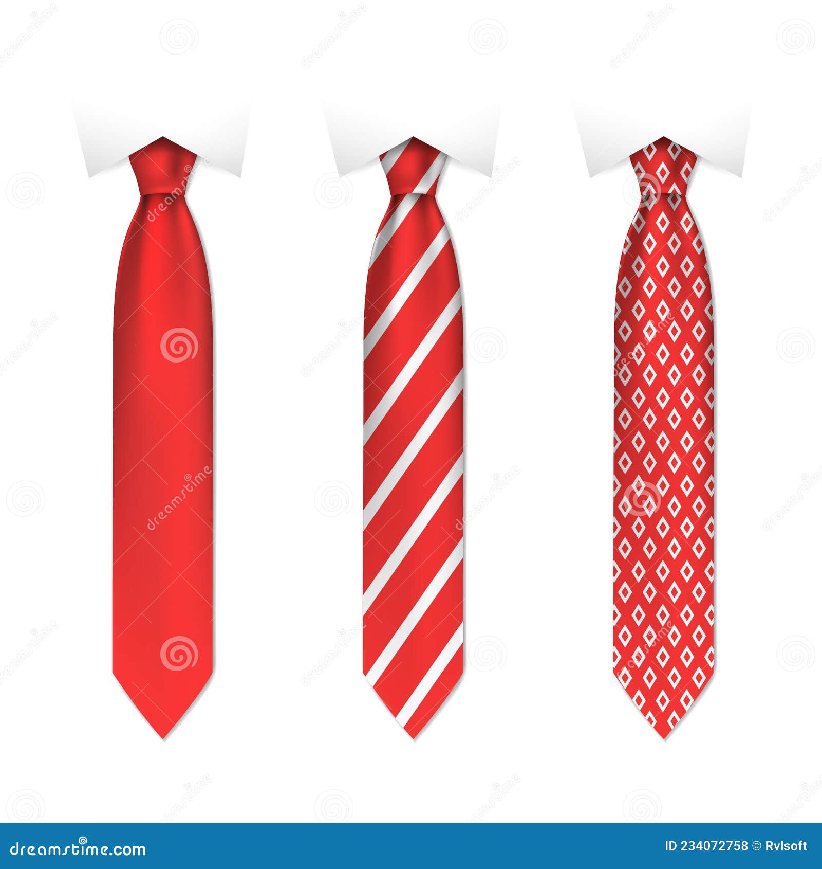 Set of Red Men Ties on White Background, Realistic Vector Illustration