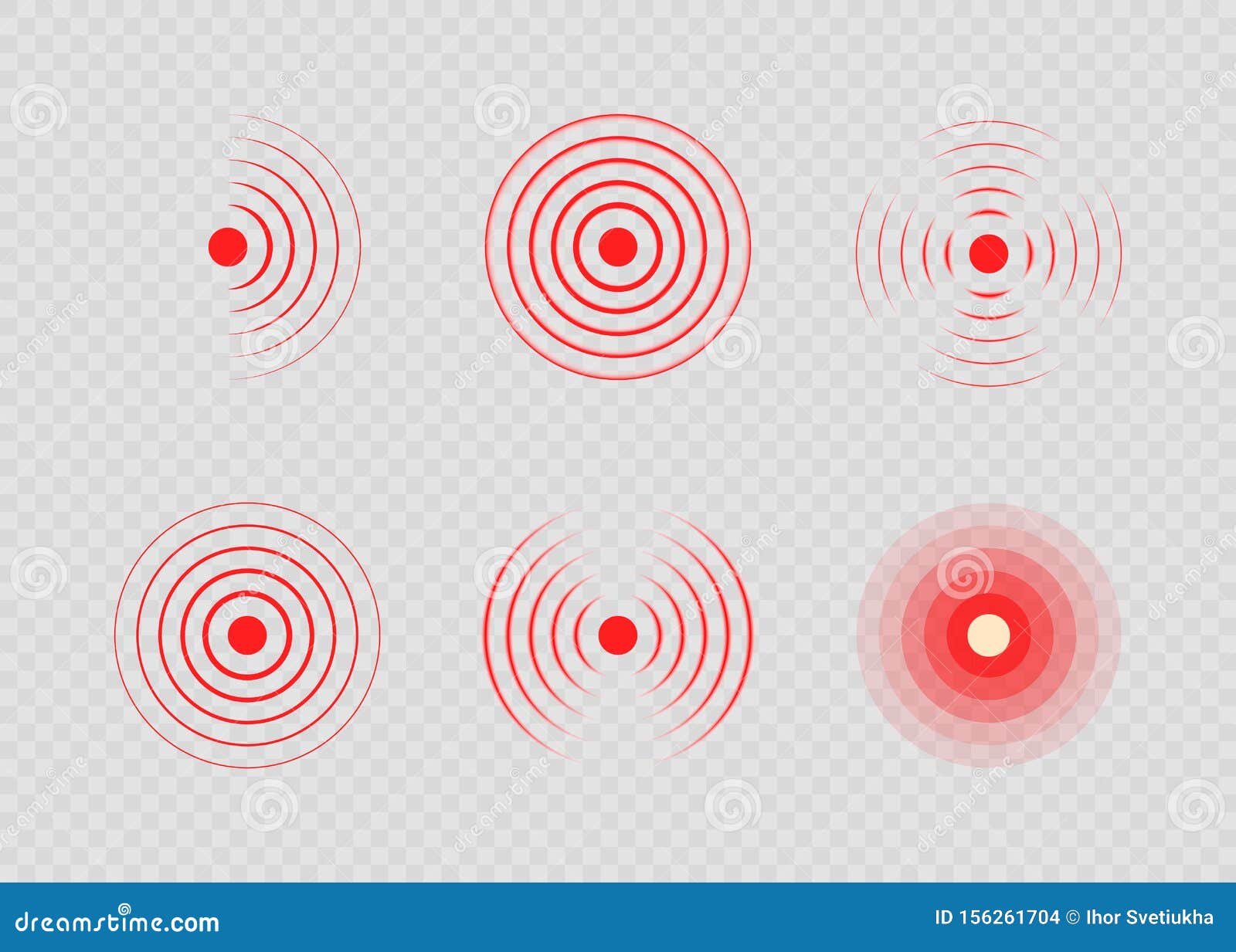 set of red painful target spot. pain circles. sonar waves. red rings of pain to indicate localization of ache.  