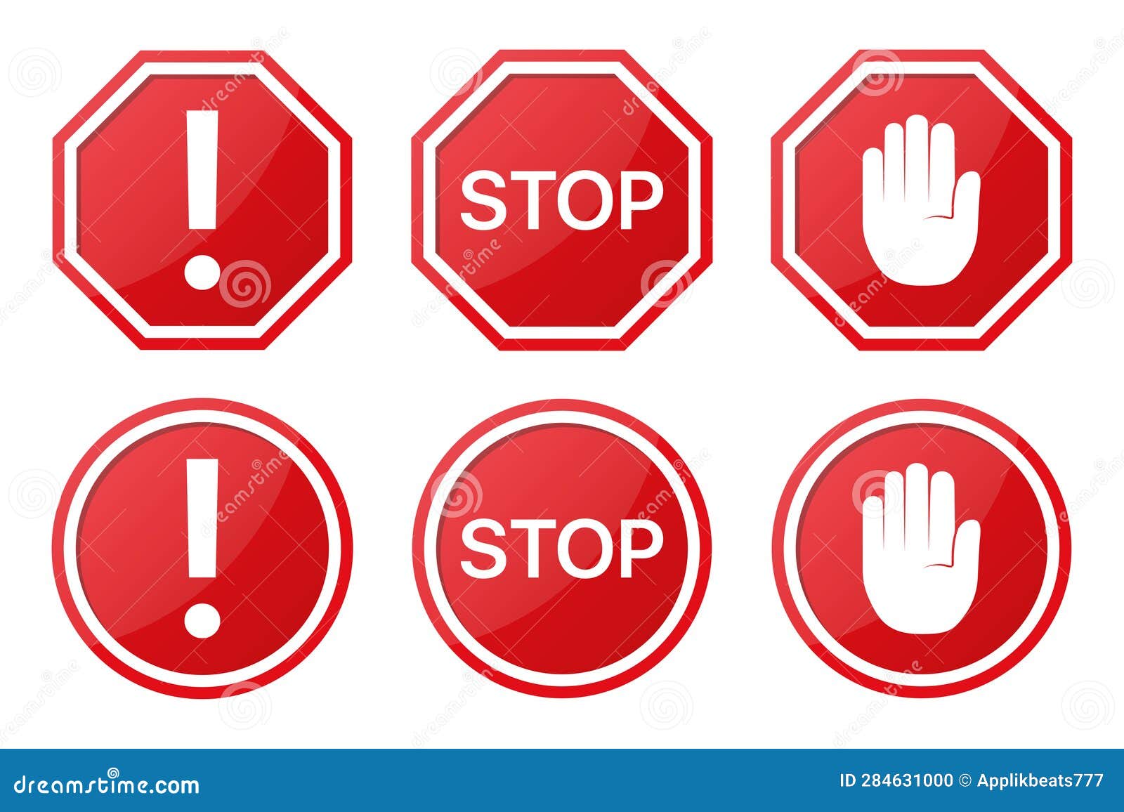 Set of Red STOP Sign with Arrow, Word and Hand Stock Vector